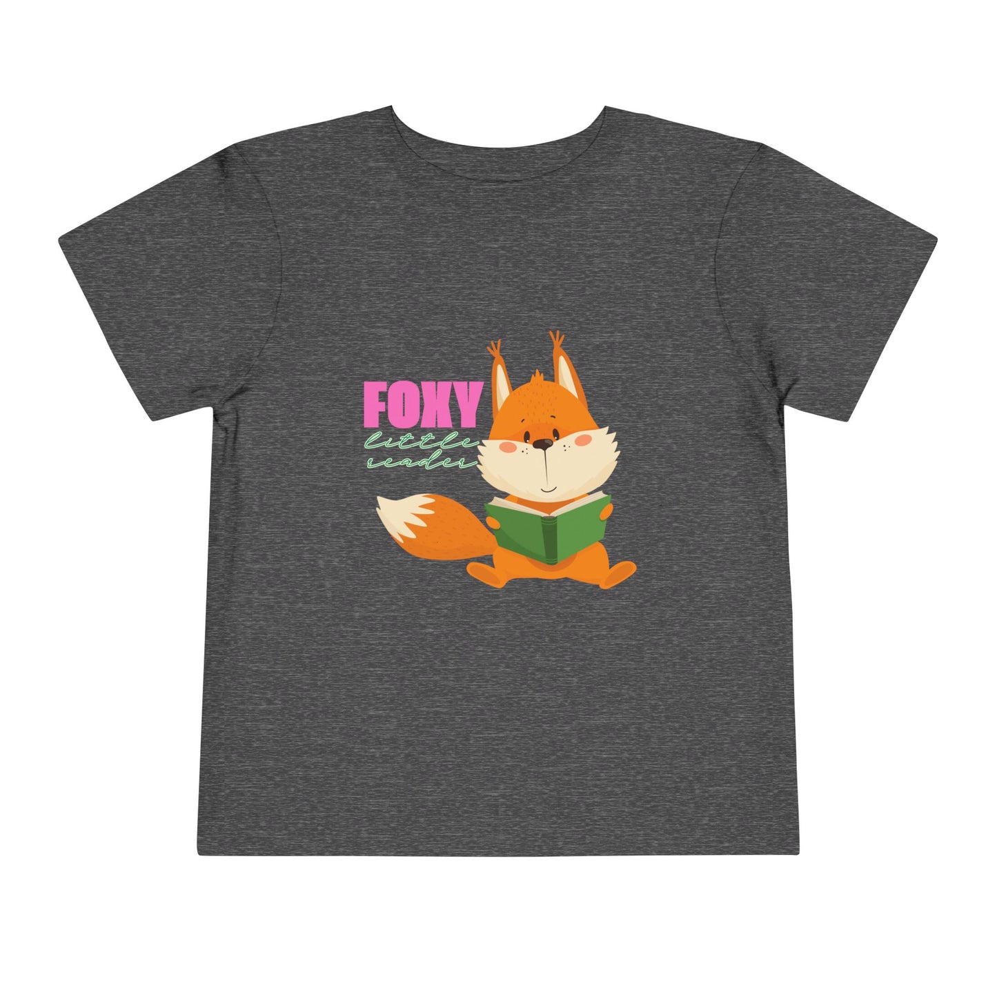 Gray toddler t-shirt with a fox reading a book graphic and 'Foxy Little Reader' text
