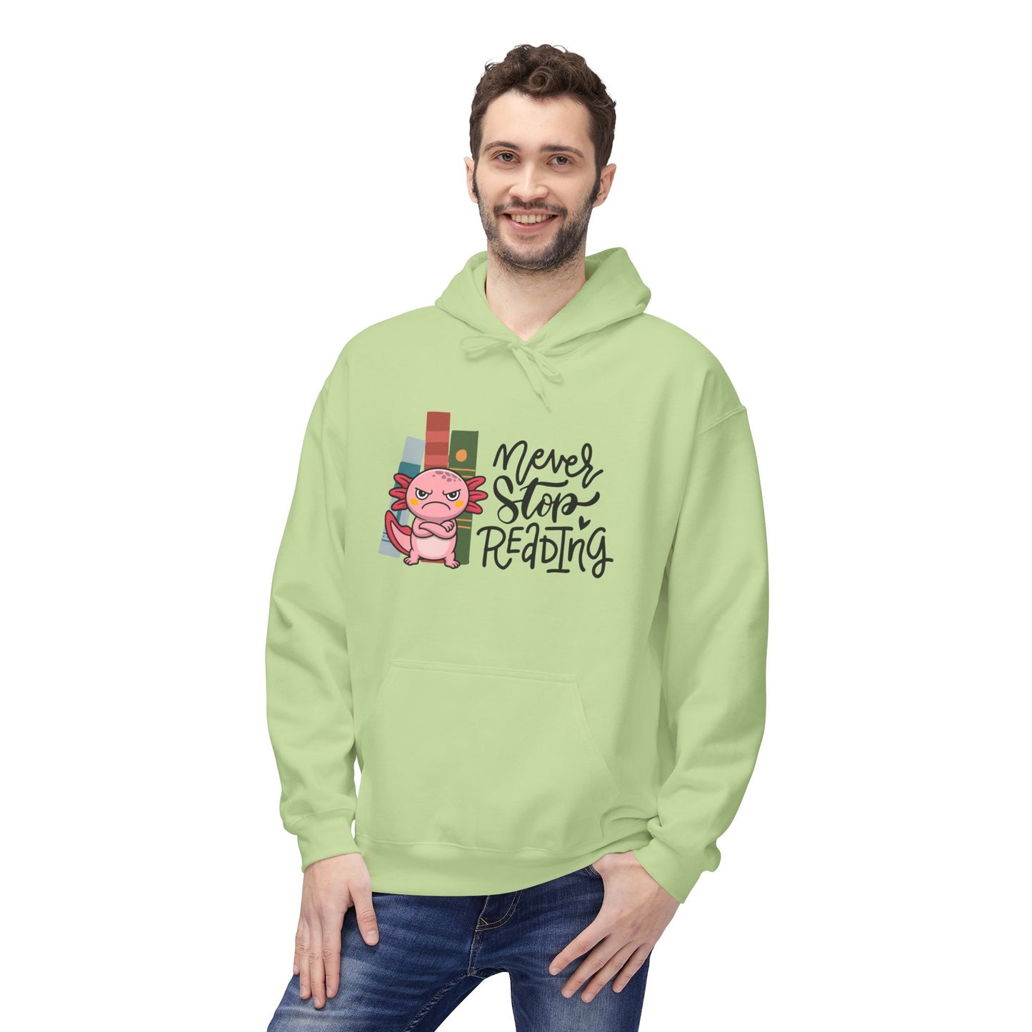 Teen/Adult Unisex Never Stop Reading Hoodie, Funny Axolotl Book Lover Design