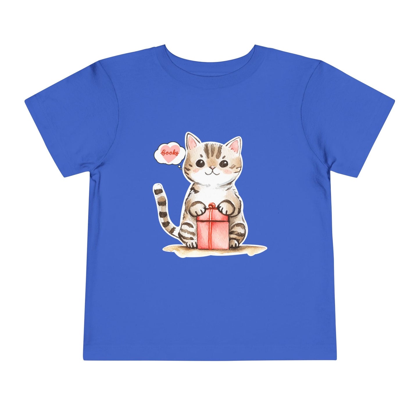 Blue toddler t-shirt with a cat holding a gift box and a thought bubble of books, on a white background