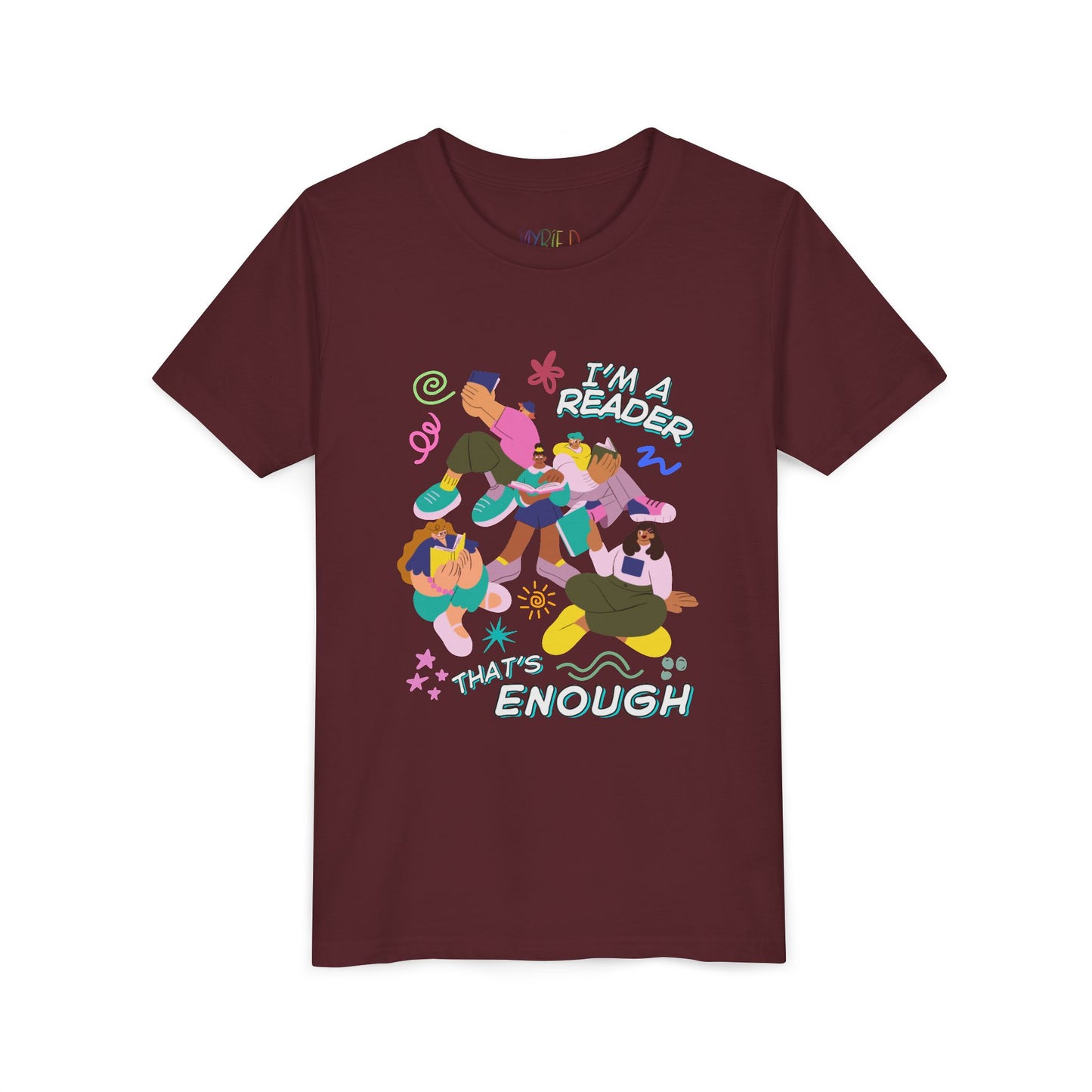 Maroon t-shirt with colorful modern graphics of people, fun doodles and text 'I'm a reader, that's enough'