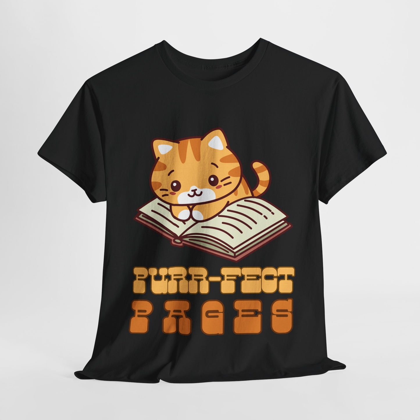 Teen/Adult Unisex “Purr-fect Pages” Cat Lover Reading Tee – Cute Bookish Cat Shirt