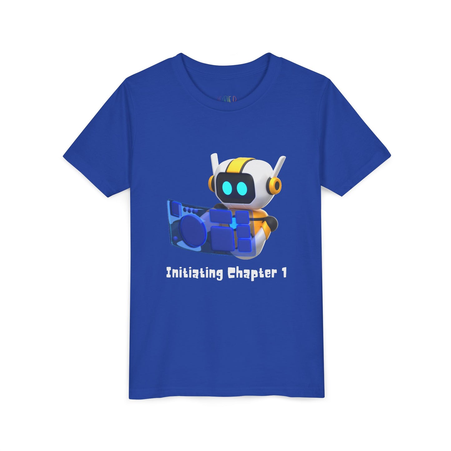 Youth Initiating Chapter 1 Tee – Robot Reading Adventure Shirt, A fun first chapter for future book lovers and digital dreamers alike.