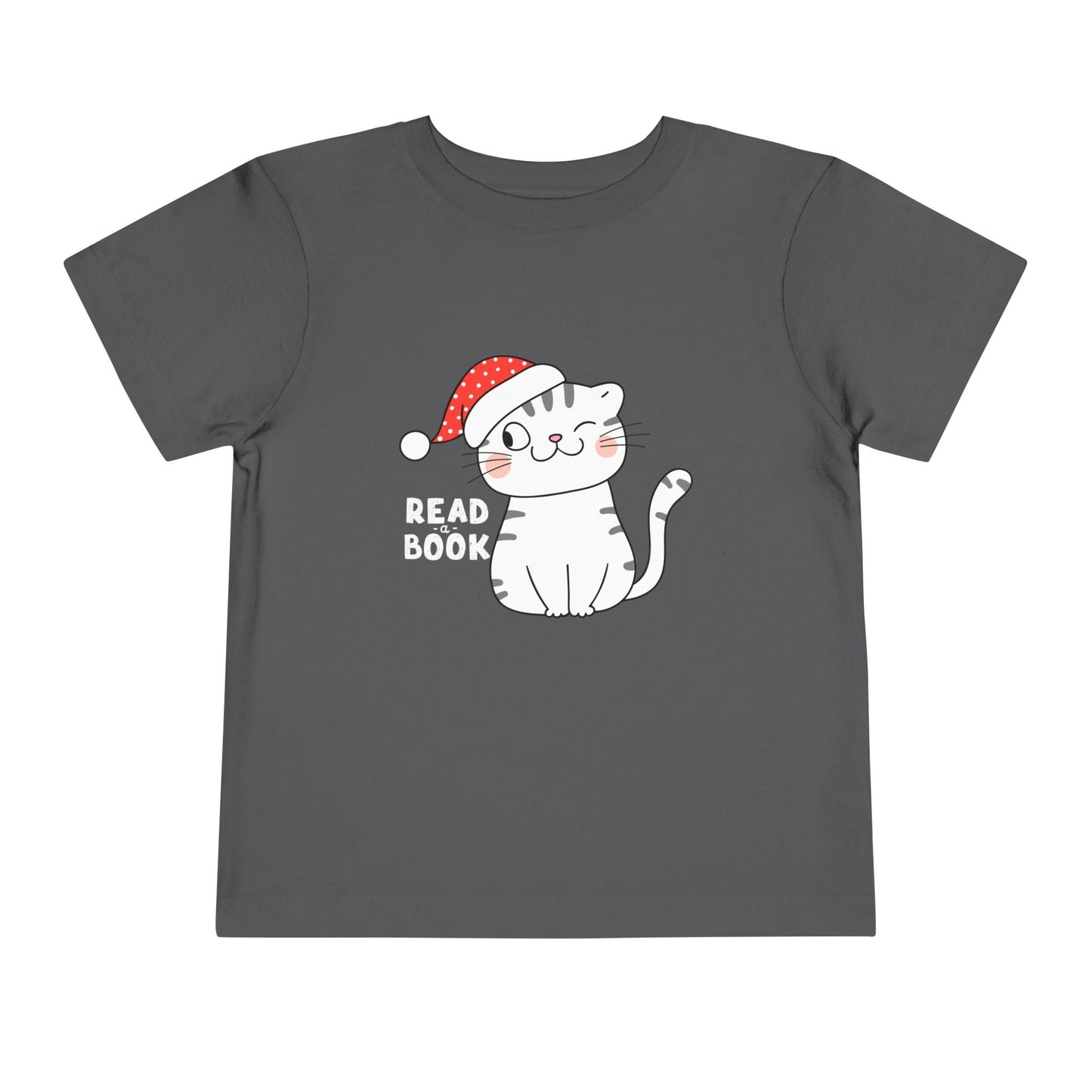 Gray toddler t-shirt with a winking cat wearing a Santa hat and 'Read a Book' text on a white background
