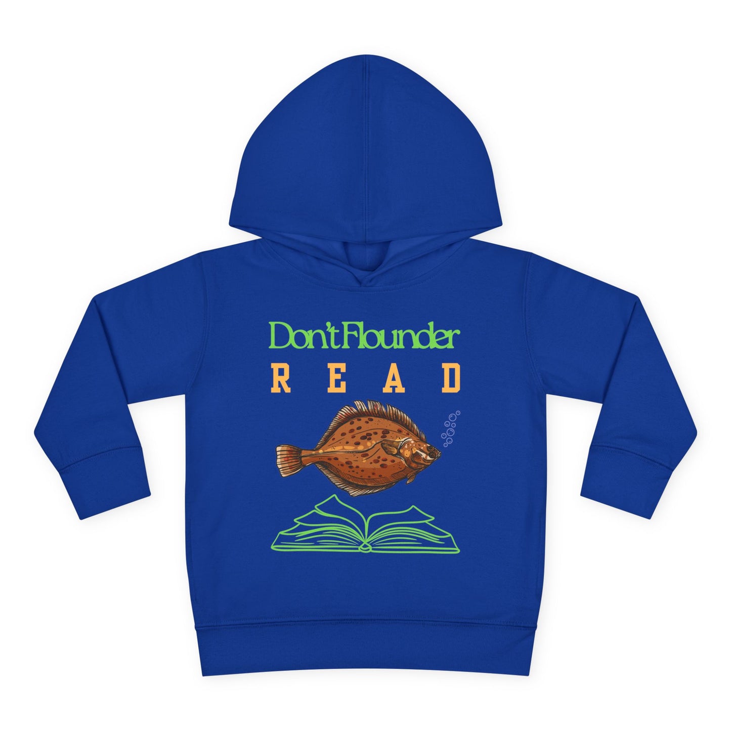 Cute cartoon flounder floating above an open book with the words “Don’t Flounder Read” printed on a toddler hoodie.
