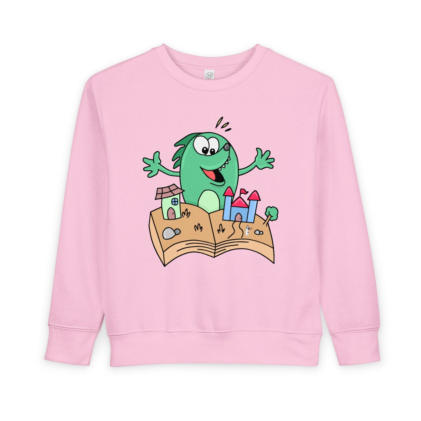 Pink toddler sweatshirt with a cartoon character and an open 3D book