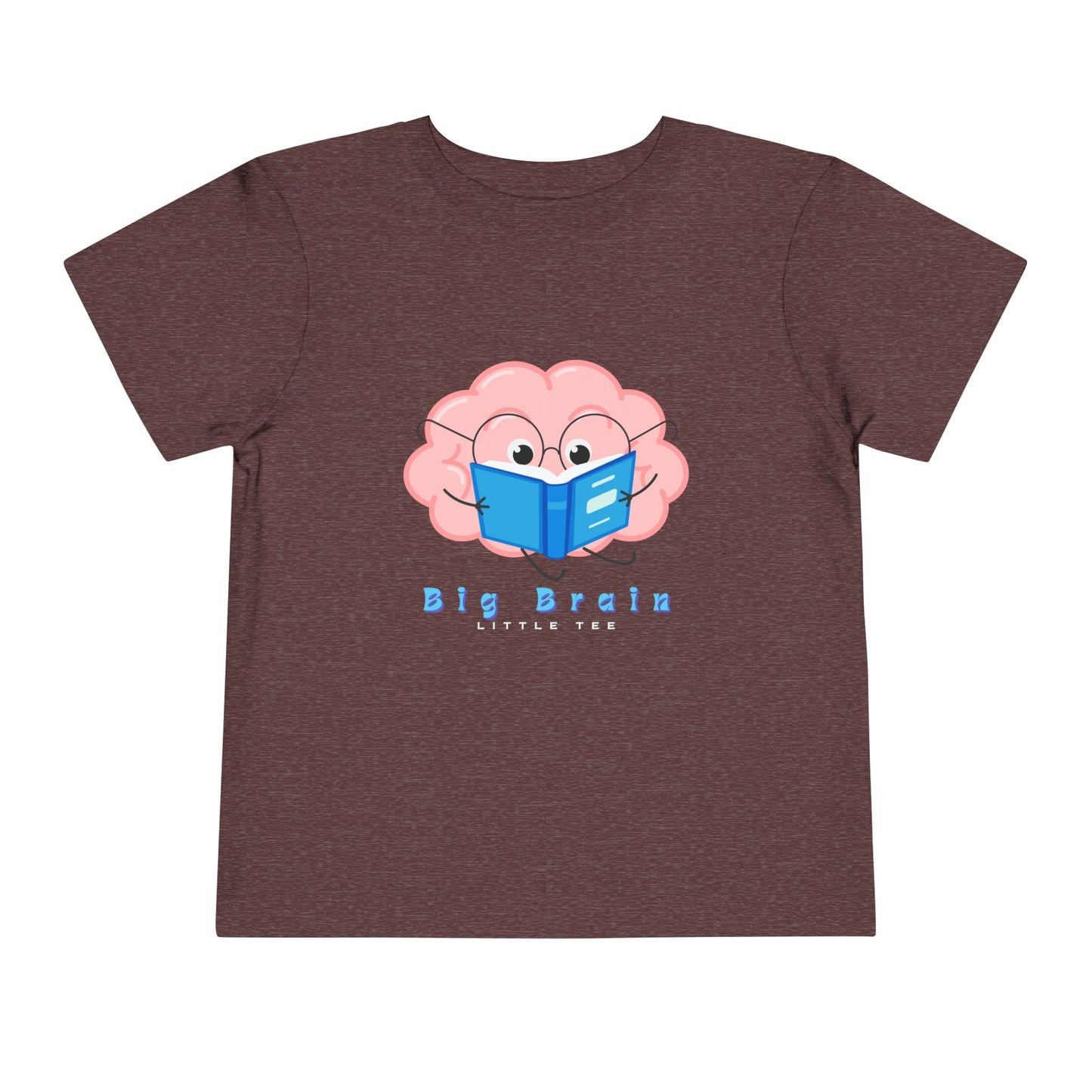Maroon toddler t-shirt with a cartoon brain design reading a book and 'Big Brain, Little Tee' text