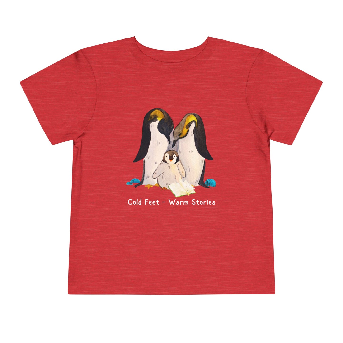 Red toddler t-shirt with penguin family design, an open book and 'Cold Feet - Warm Stories' text