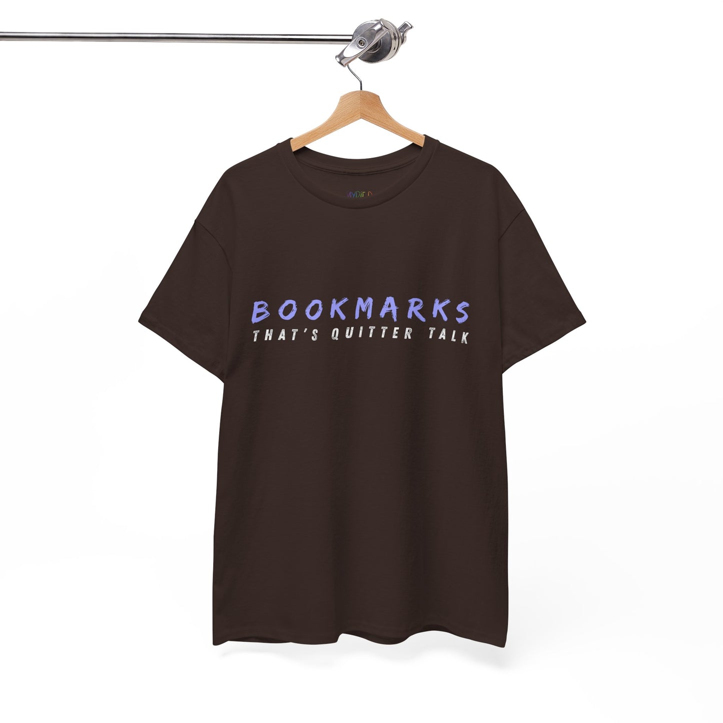 Brown t-shirt with 'BOOKMARKS THAT'S QUITTER TALK' text