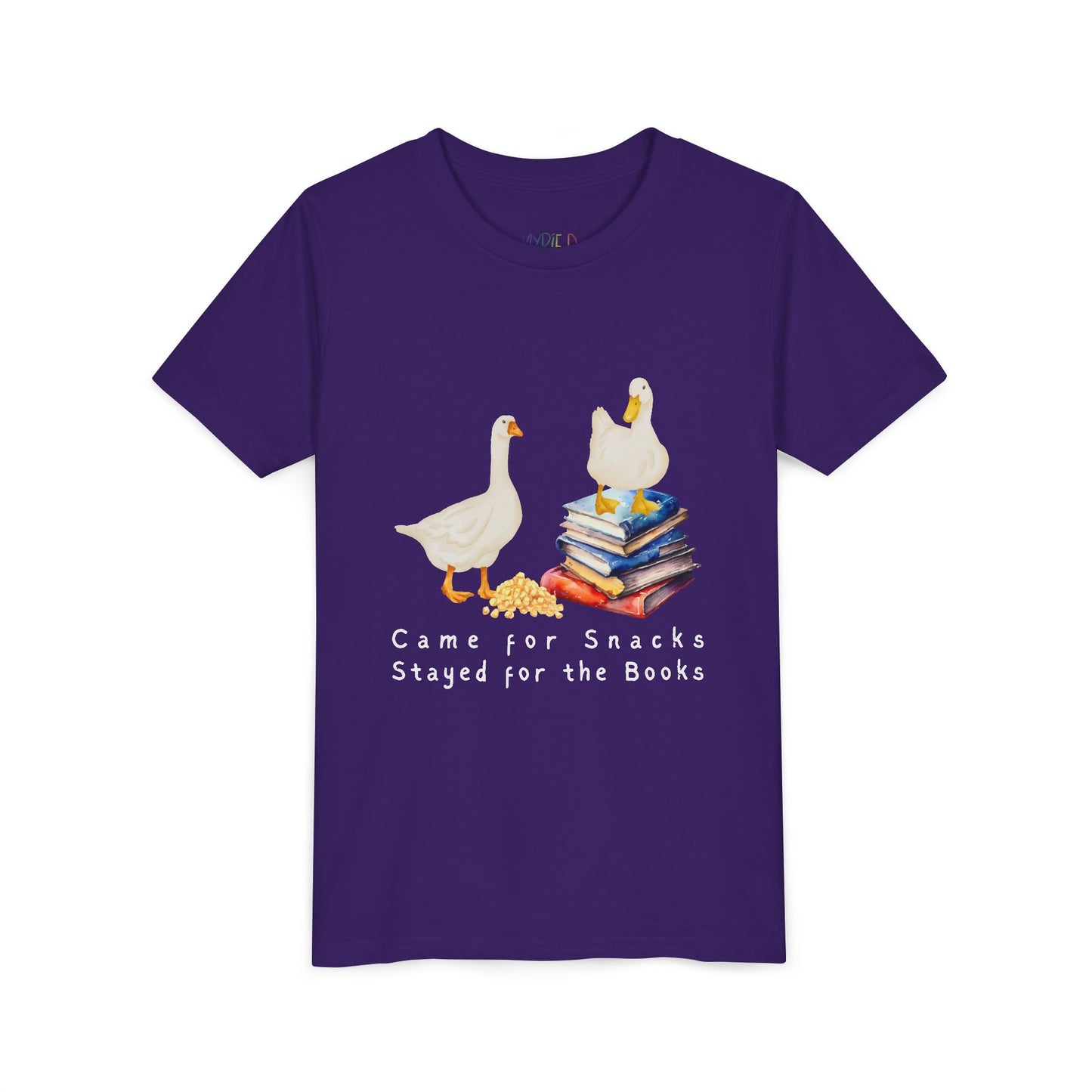 Purple t-shirt with cartoon ducks, snacks, books and text 'Came For Snacks Stayed For The Books'