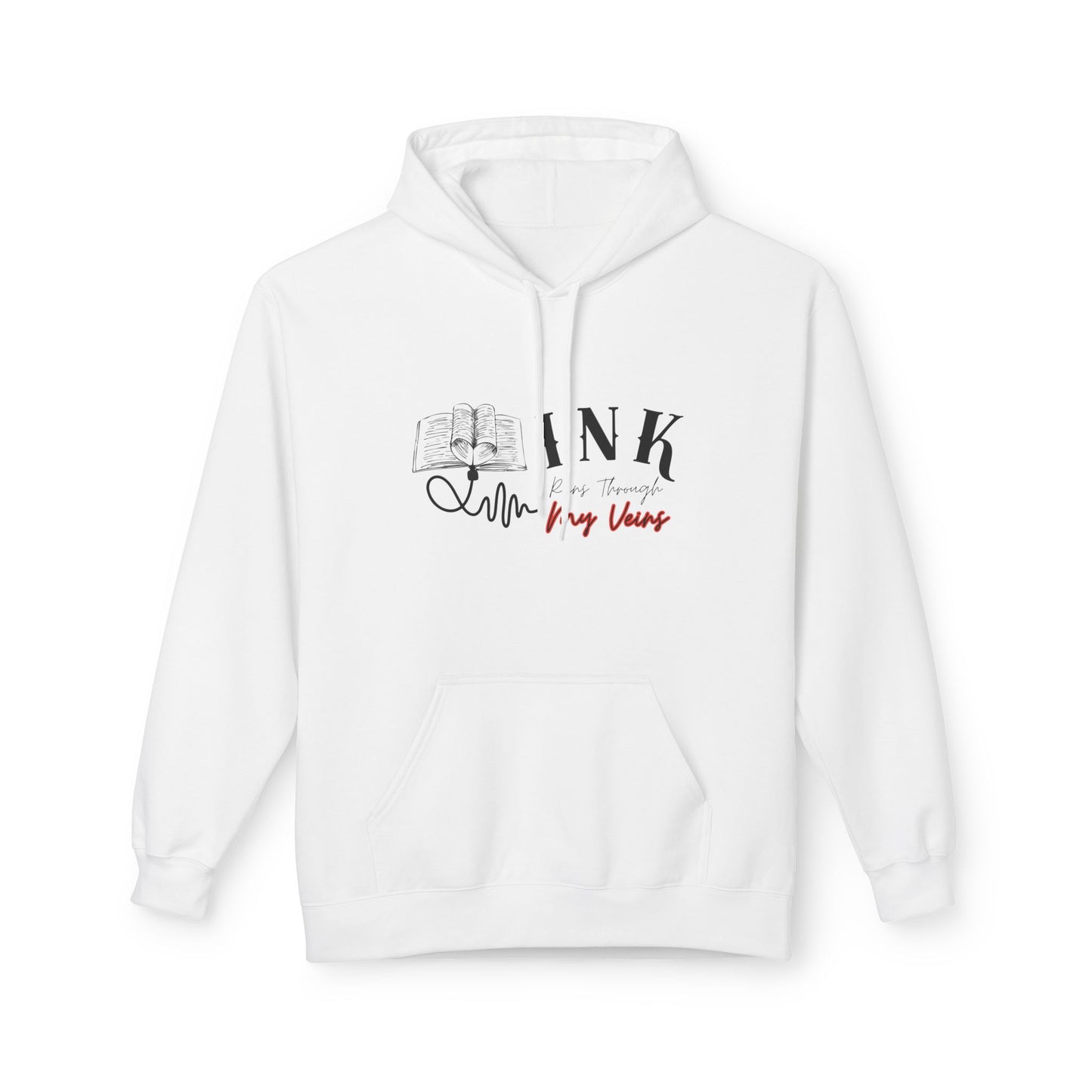 White hoodie with text design of an open book with an IV drip and text 'Ink Runs Through My Veins' on a white background