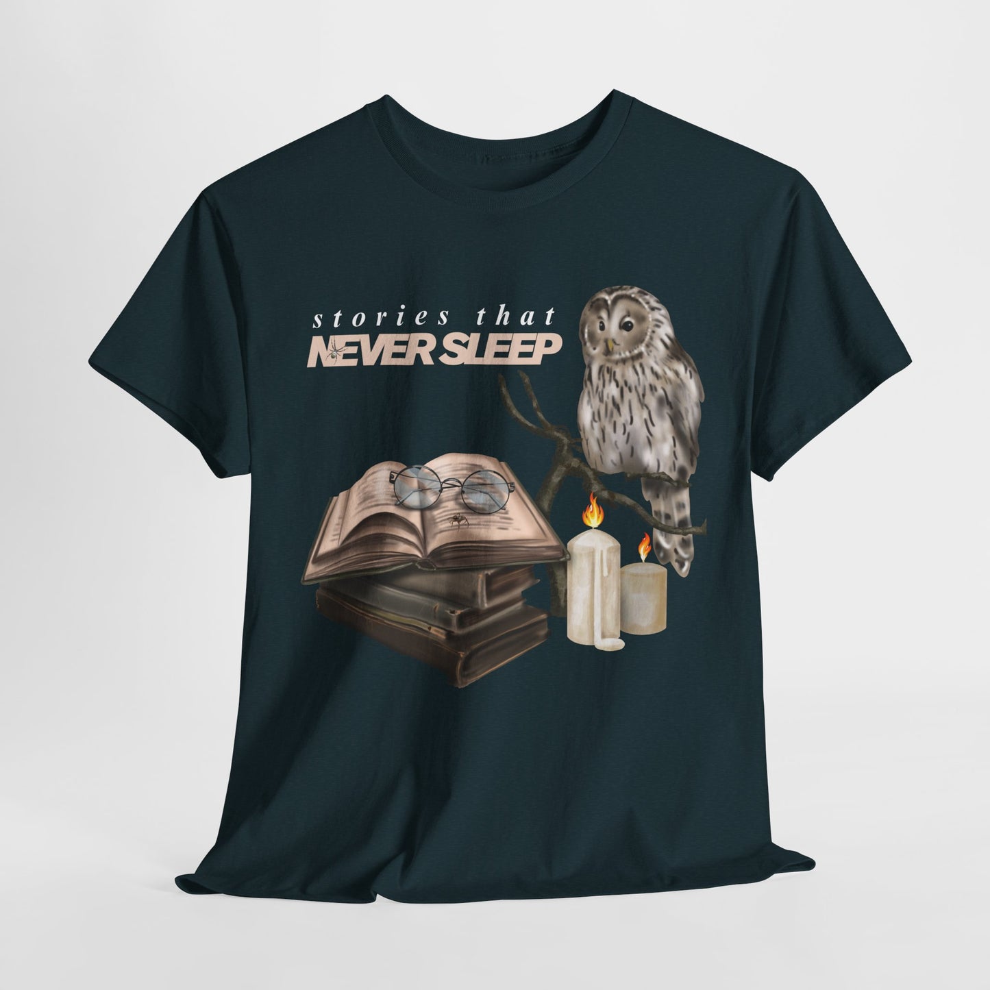 Teen/Adult Unisex "Stories That Never Sleep" Owl & Candlelight Book T-Shirt – Cozy Night Reader Tee