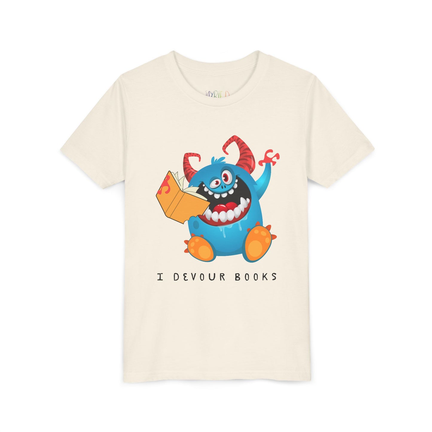 Beige t-shirt with a wide mouthed, book chomping cartoon monster and text 'I DEVOUR BOOKS'