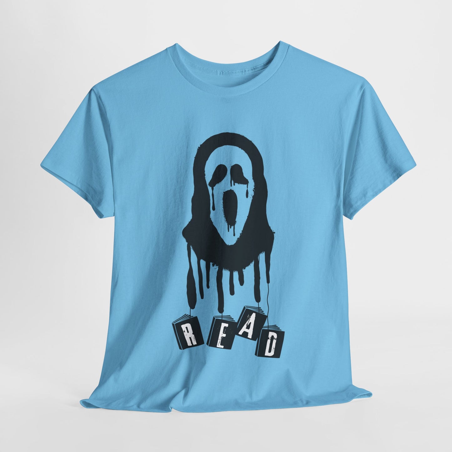 Teen/Adult Unisex Horror Mask READ T-Shirt – Creepy Book Lover Graphic Tee