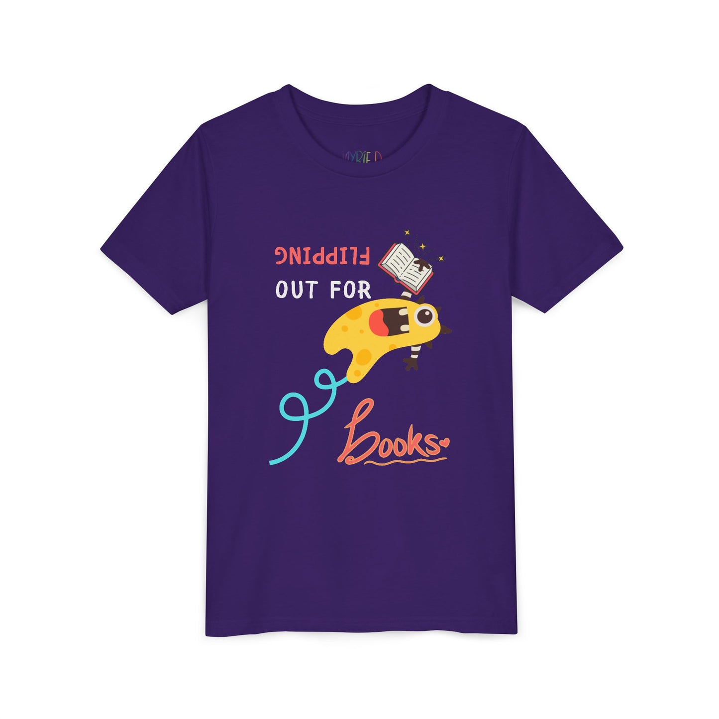 Purple t-shirt with a yellow monster holding a book while flipping backwards through the air and playful text 'Flipping Out For Books'