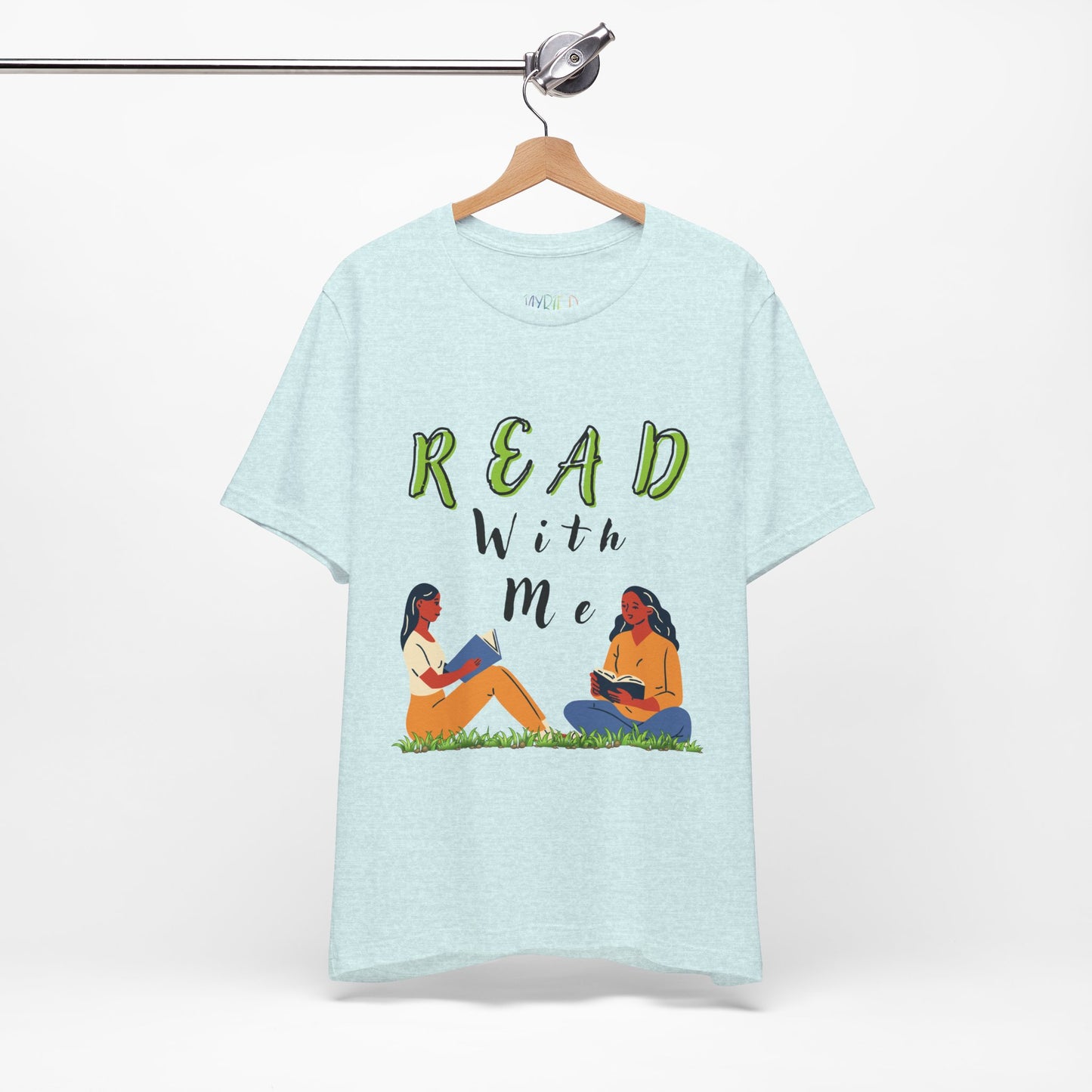 Light blue t-shirt with 'Read With Me' text and illustrations of two people reading