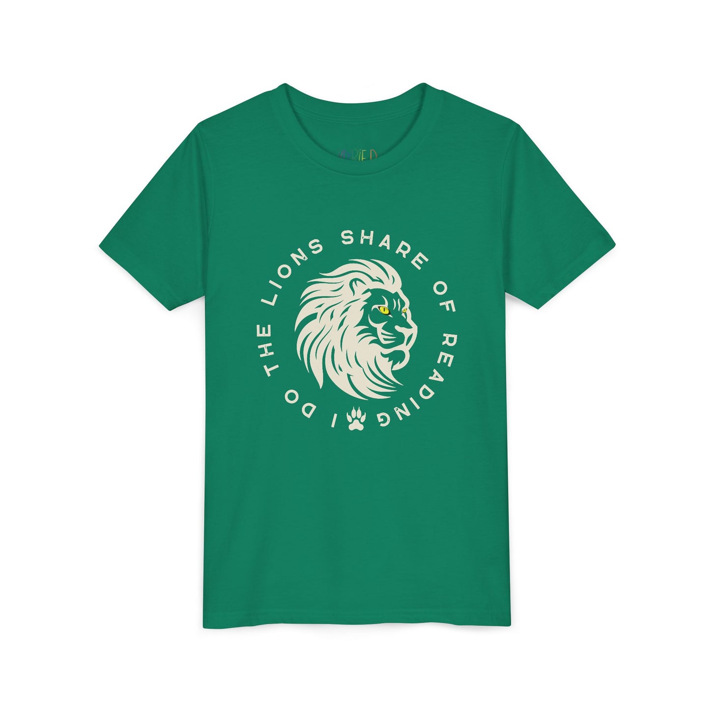 Green t-shirt with lion graphic, yellow eyes and encircling text 'I DO THE LIONS SHARE OF READING'