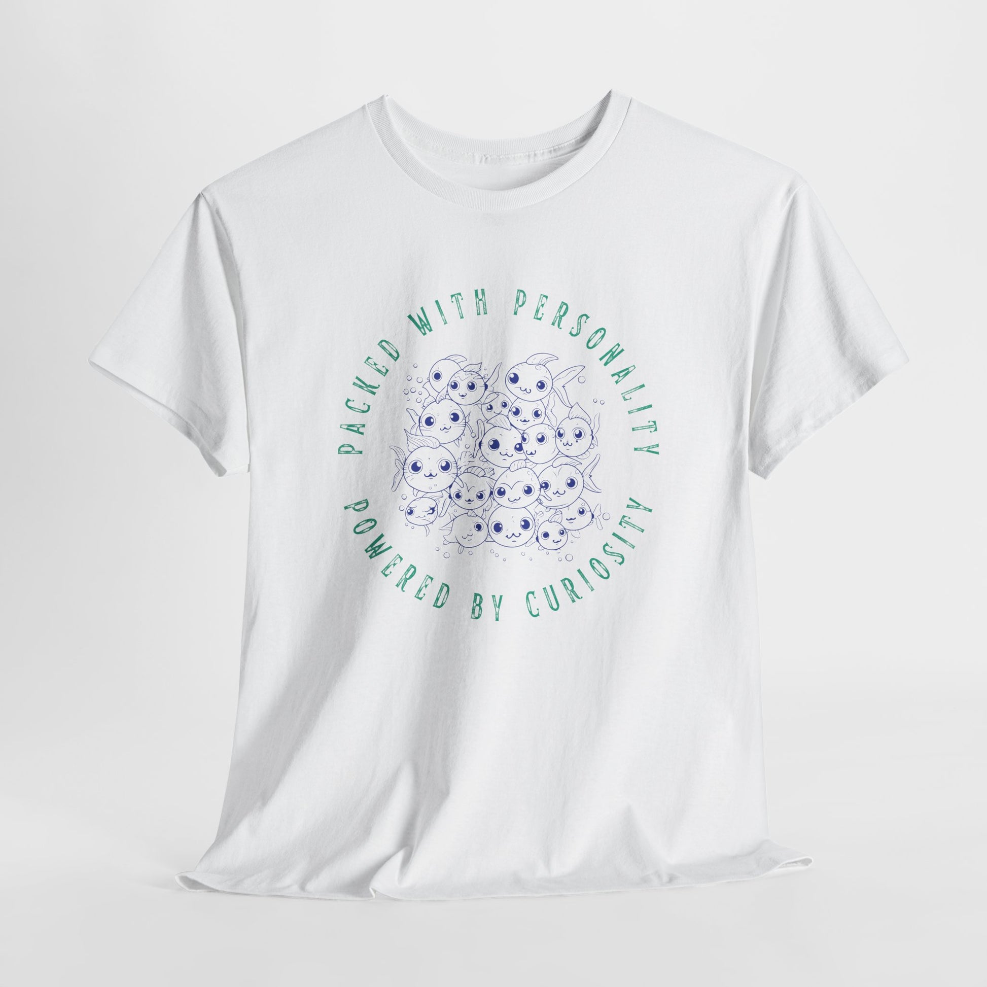 White t-shirt with a subtle graphic design featuring a school of big-eyed fishing looking out, encircled with text 'Packed With Personality - Powered By Curiosity'