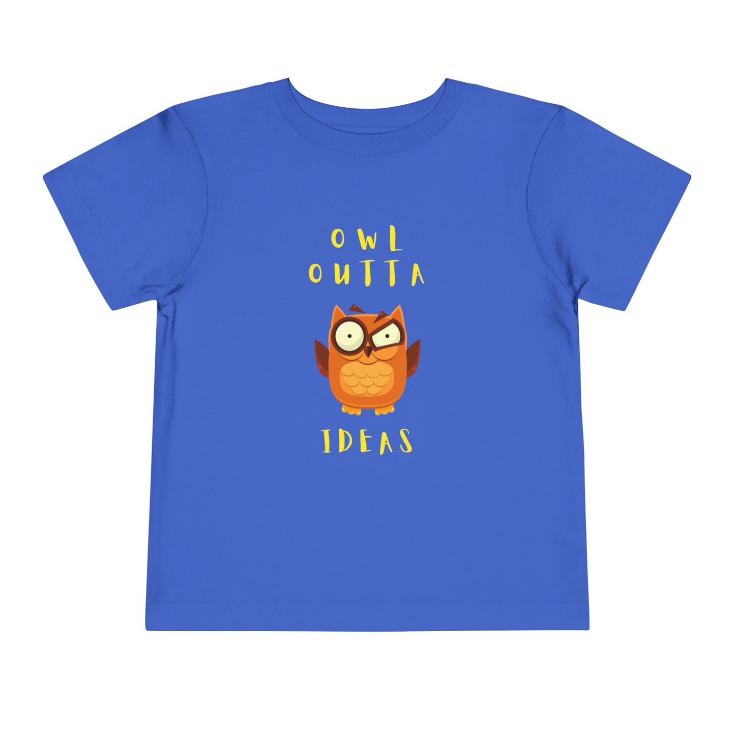 Blue t-shirt with an flustered owl graphic and text 'Owl Outta Ideas'