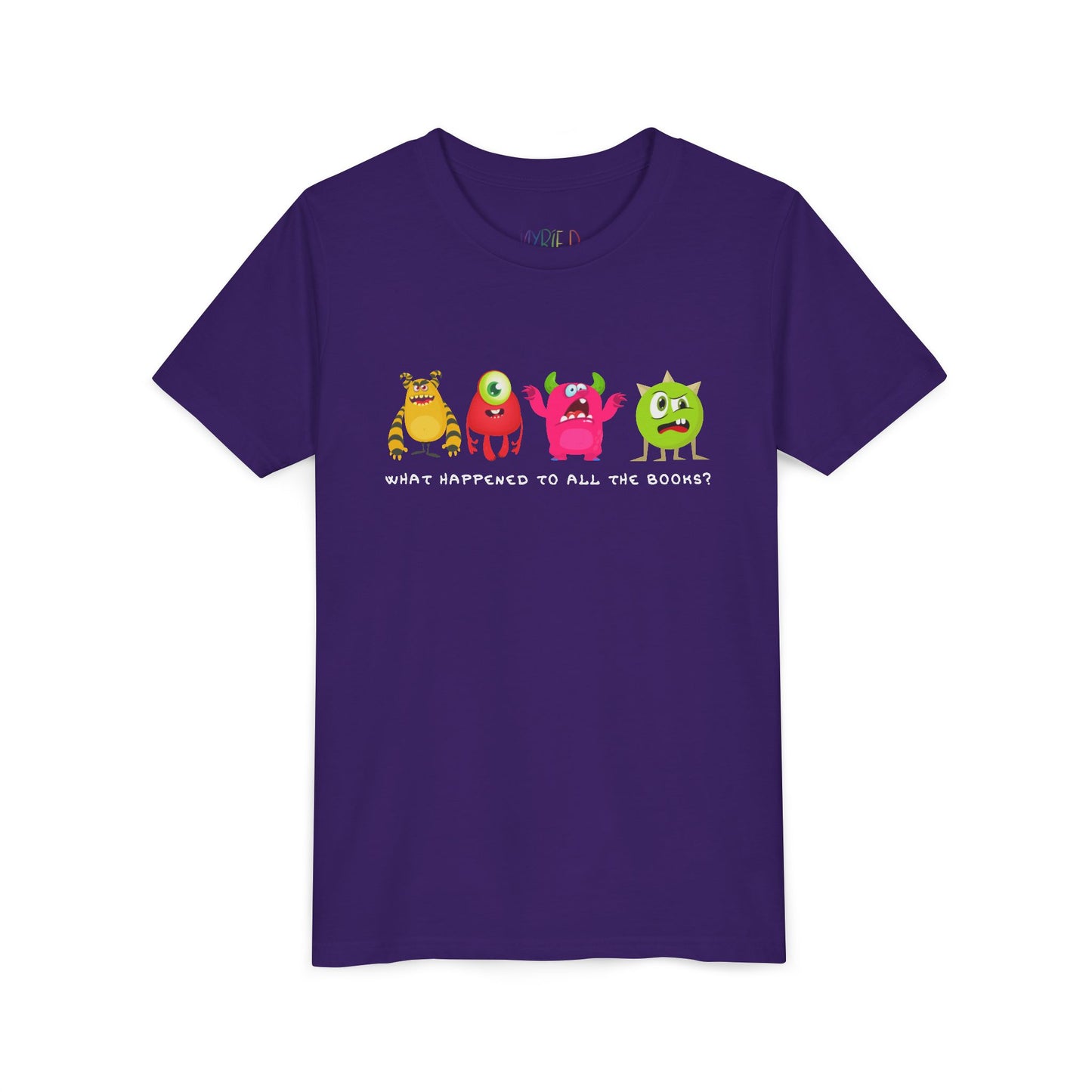 Purple t-shirt with four colorful cartoon monsters looking grumpy, confused and bewildered, text 'What happened to all the books?'