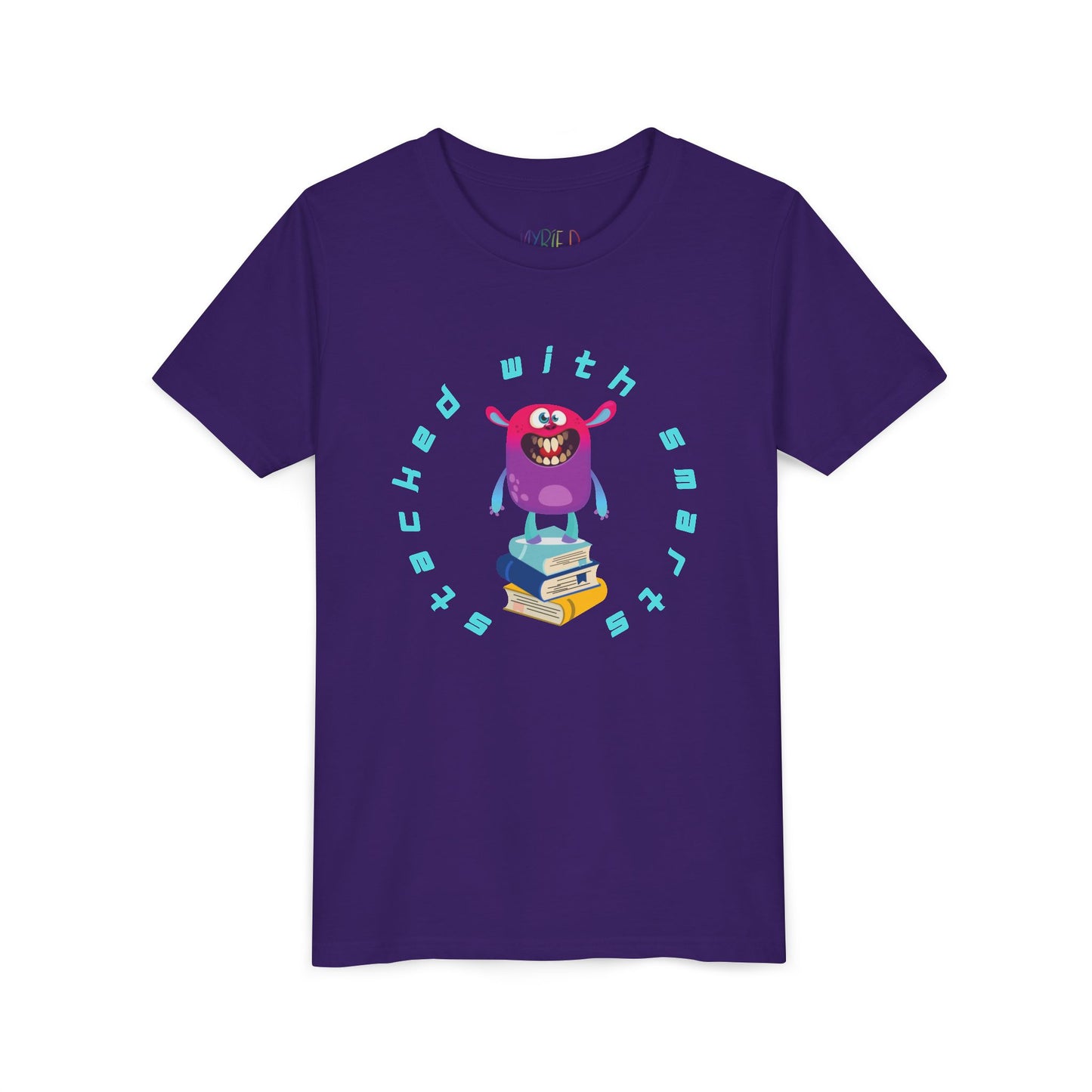 Purple t-shirt with a colorful, toothy monster graphic standing on a stack of books, circled by text 'STACKED WITH SMARTS'