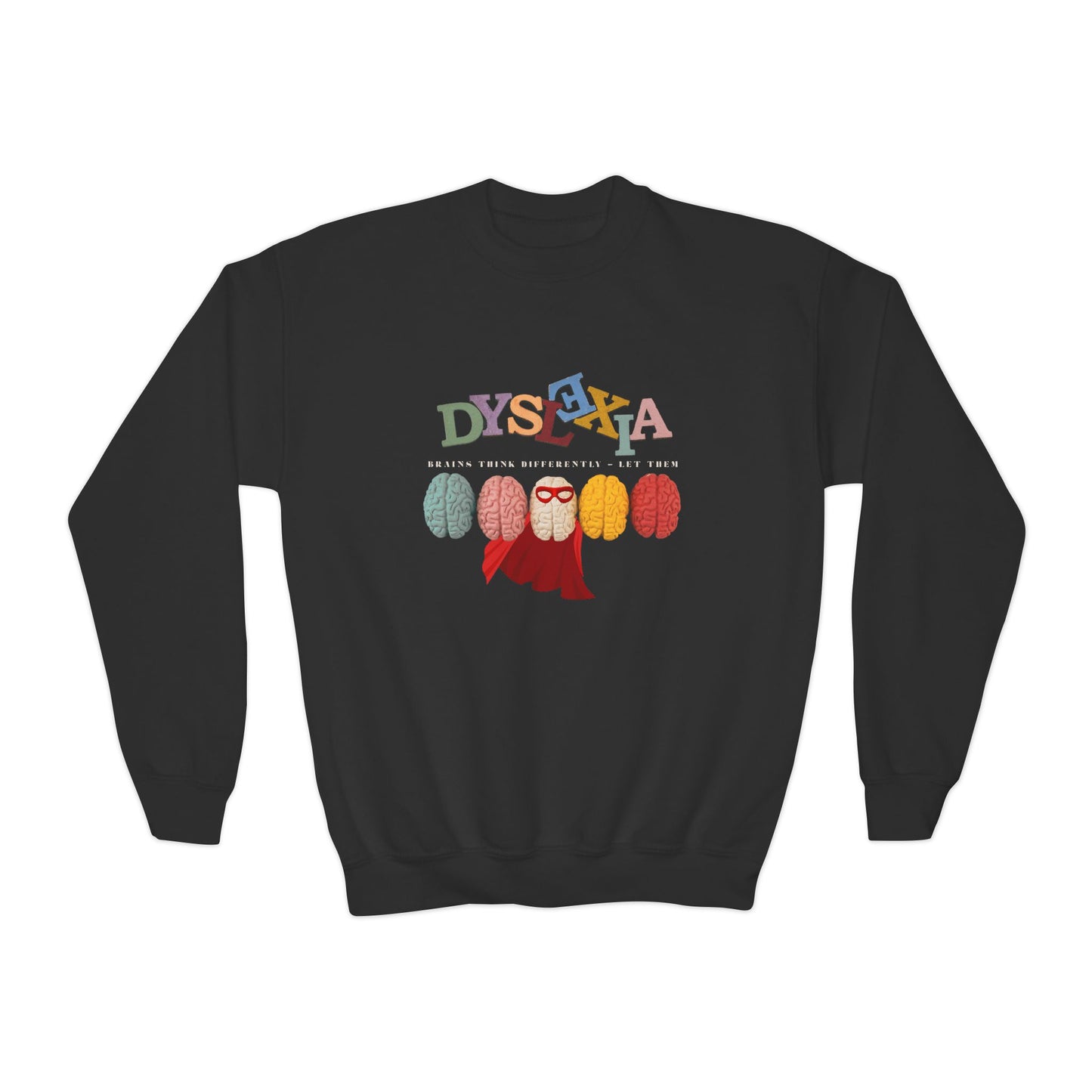 Black sweatshirt with colorful brains and 'DYSEXYA' text