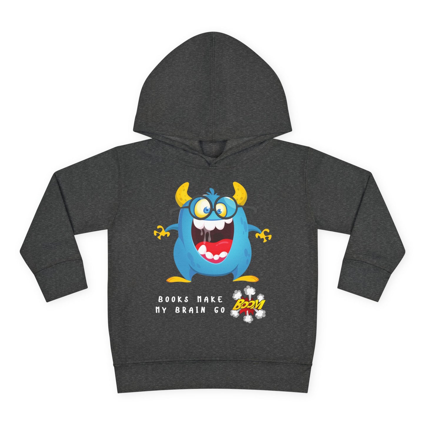Dark gray hoodie with an energetic, open mouth, eye glass wearing, cartoon monster design and text
Books Make My Brain Go BOOM"