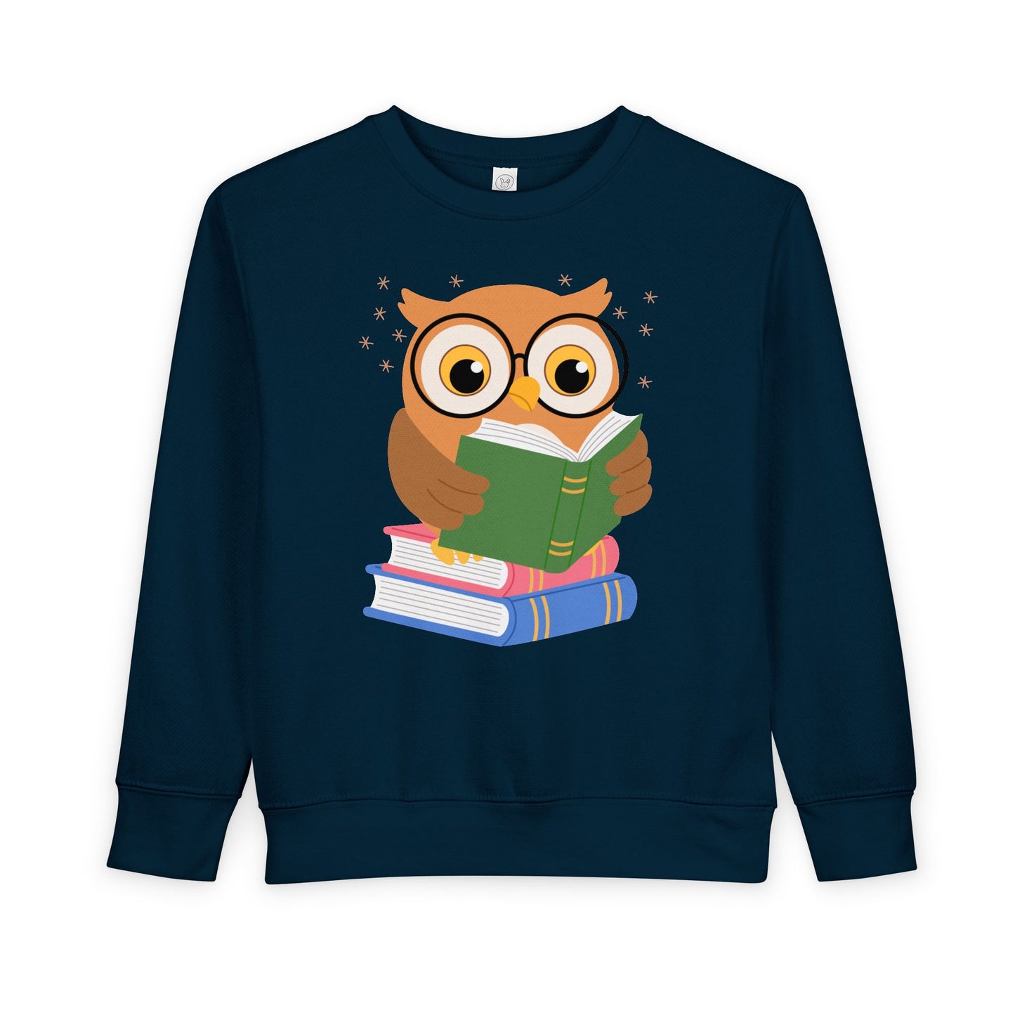 Navy toddler sweatshirt with an owl reading a book