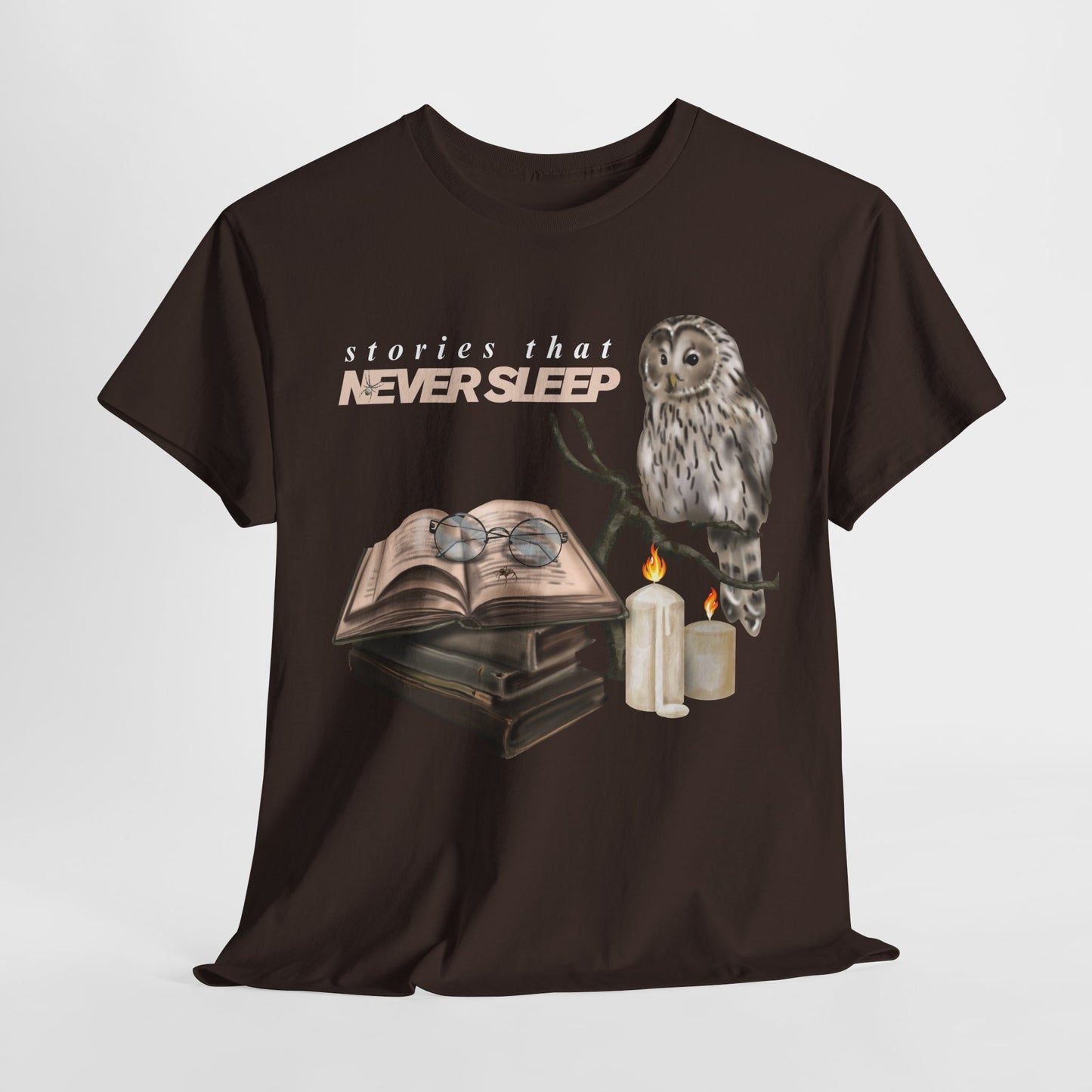 Teen/Adult Unisex "Stories That Never Sleep" Owl & Candlelight Book T-Shirt – Cozy Night Reader Tee