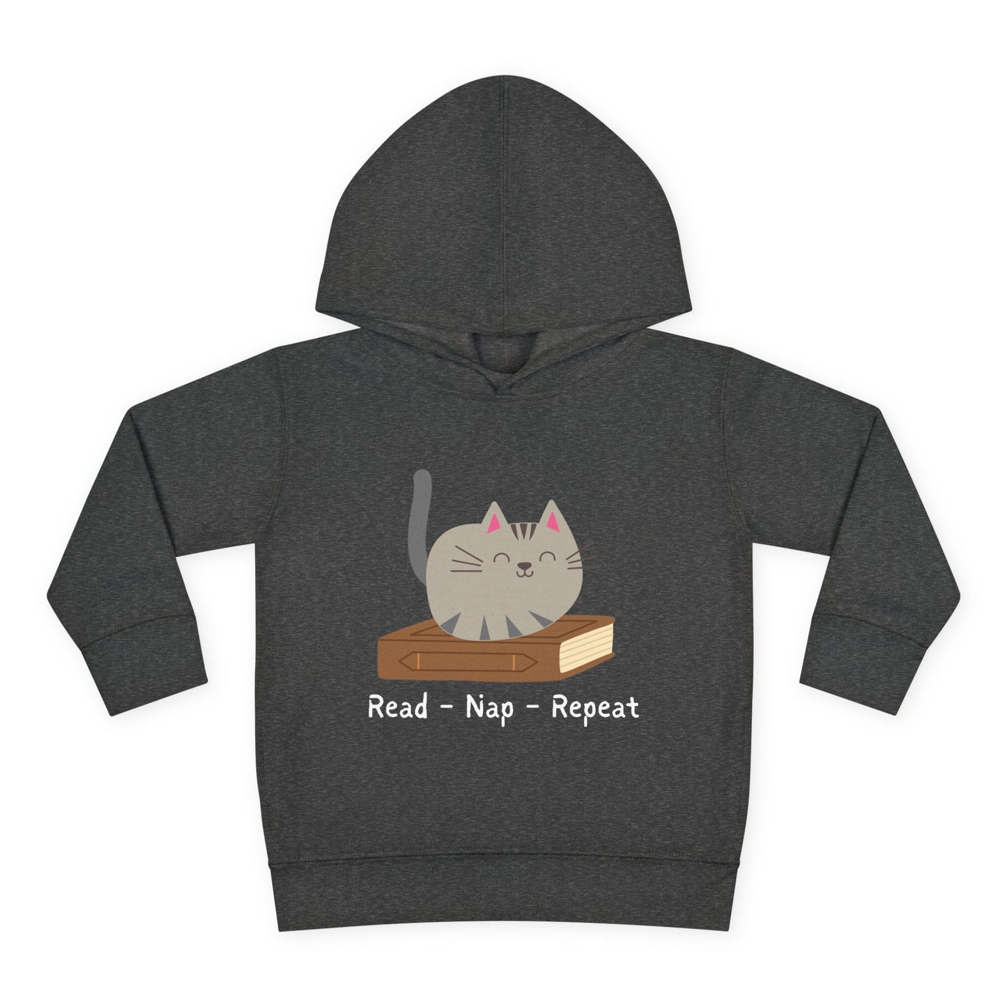 Dark gray toddler hoodie with a gray cat graphic sitting on a book and text 'Read - Nap - Repeat'