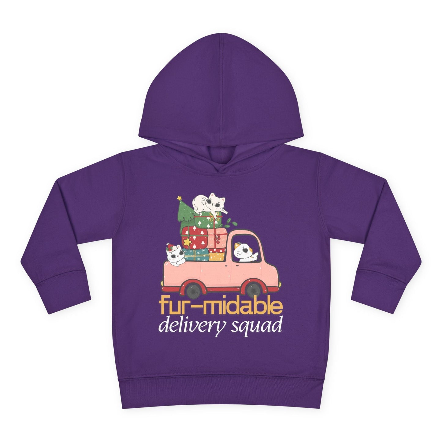 Purple toddler hoodie with a festive design of cats driving a truck full of Christmas presents and text 'fur-midable delivery squad'