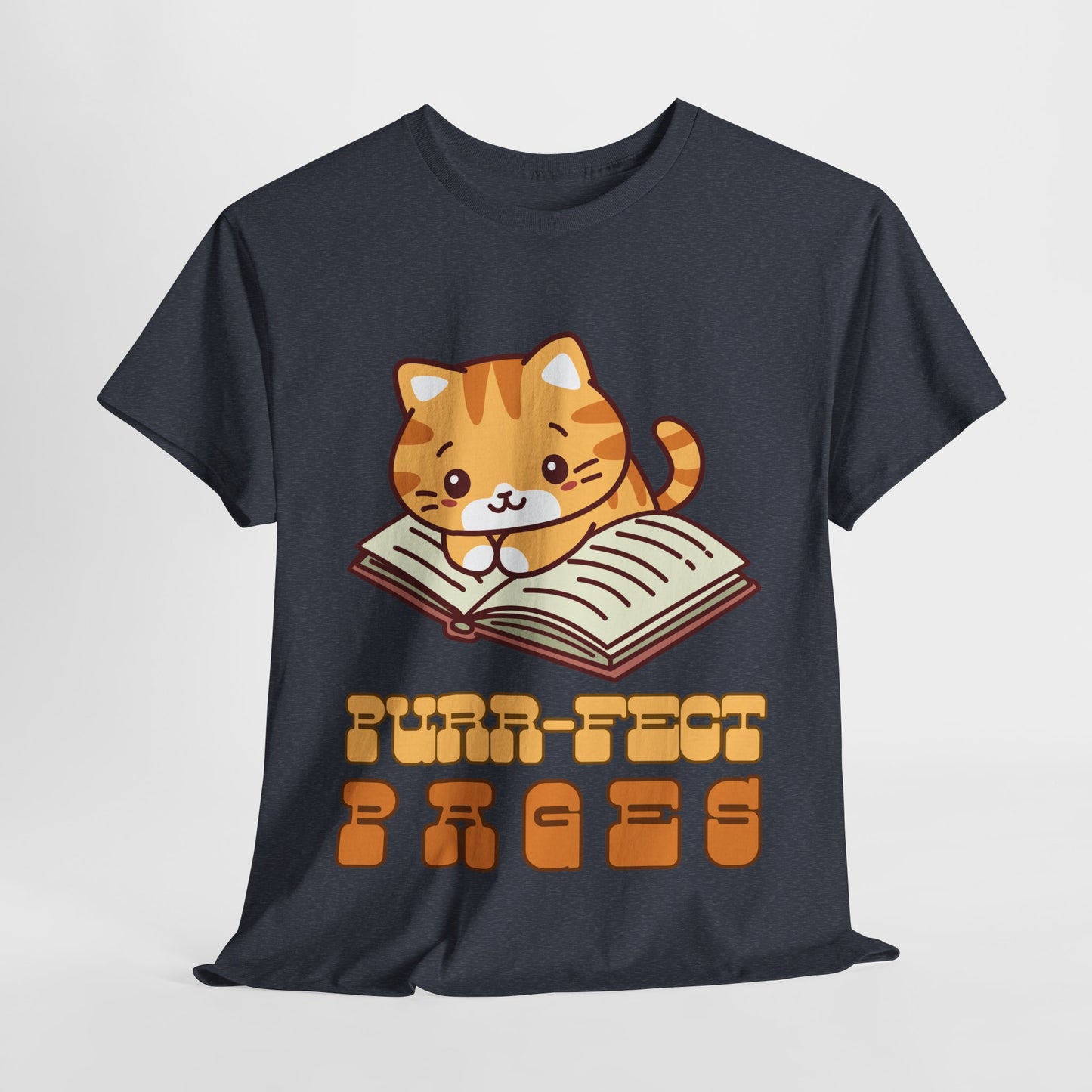 Teen/Adult Unisex “Purr-fect Pages” Cat Lover Reading Tee – Cute Bookish Cat Shirt
