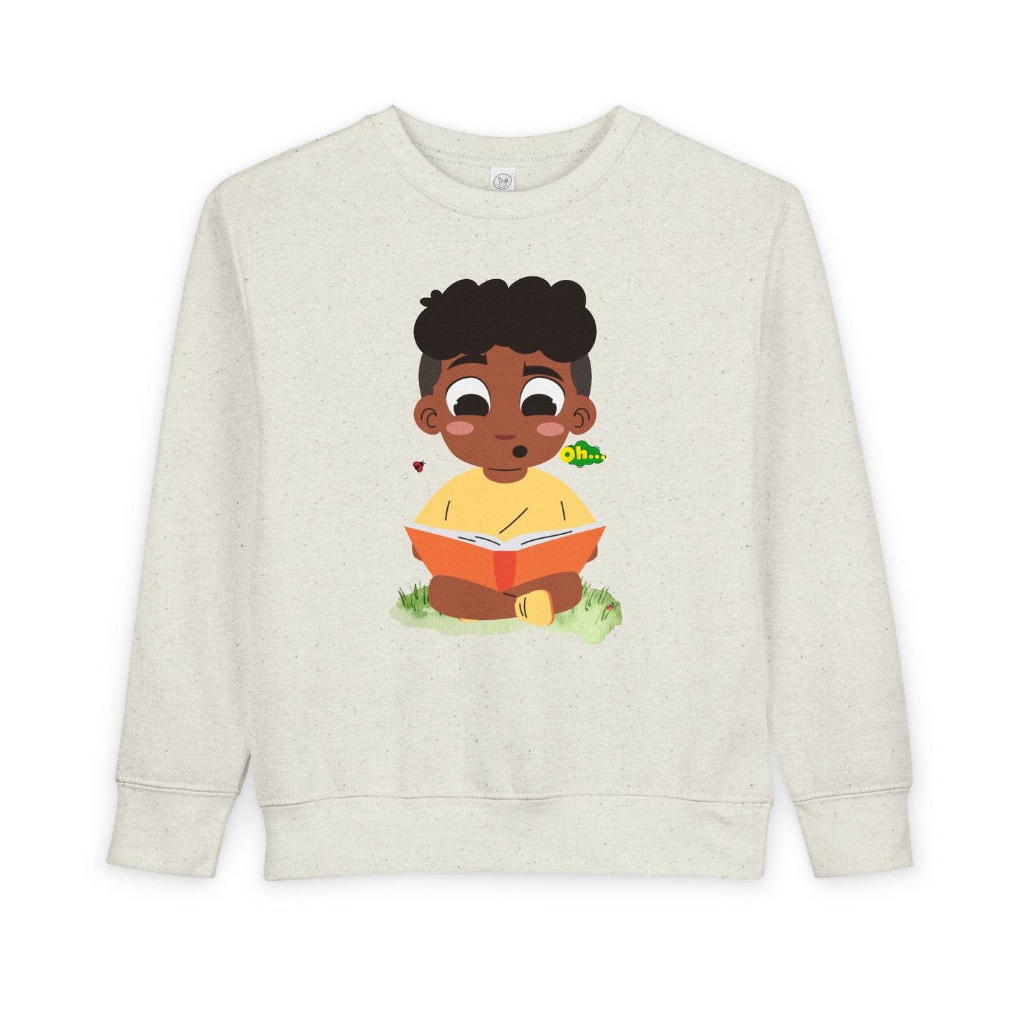 Beige toddler sweatshirt with a cartoon child reading a book and text 'oh'