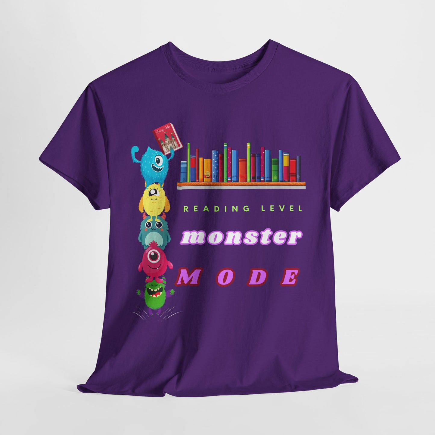 Teen/Adult Unisex “Reading Level: Monster Mode” Tee – Funny Stacked Monster Shirt for Relentless Readers