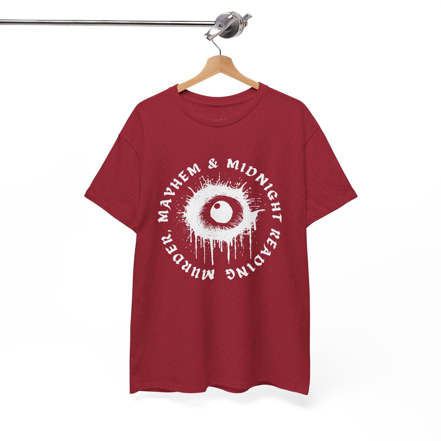 Red t-shirt with creepy eye graphic and text 'Murder, Mayhem & Midnight Reading' on a hanger against a white background