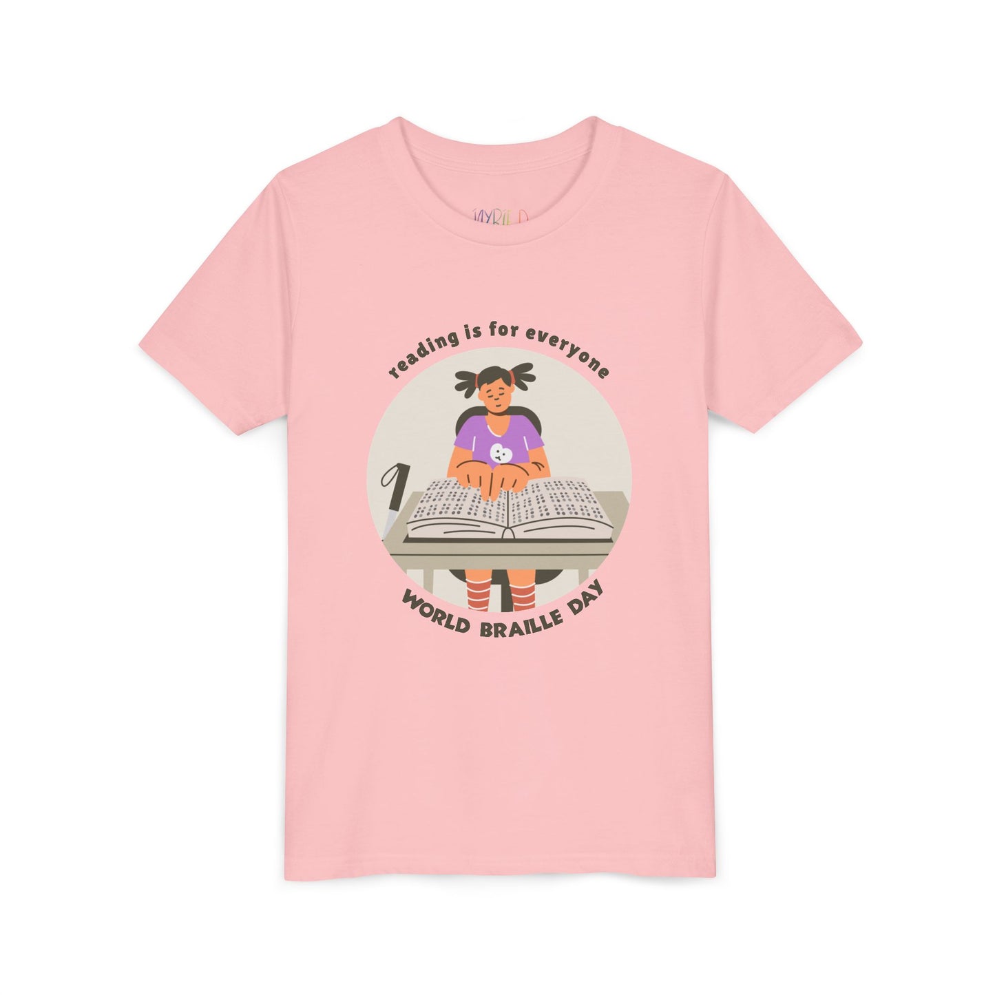 Pink t-shirt with a graphic of a girl reading a braille book and text 'Reading is for everyone. World Braille Day'.