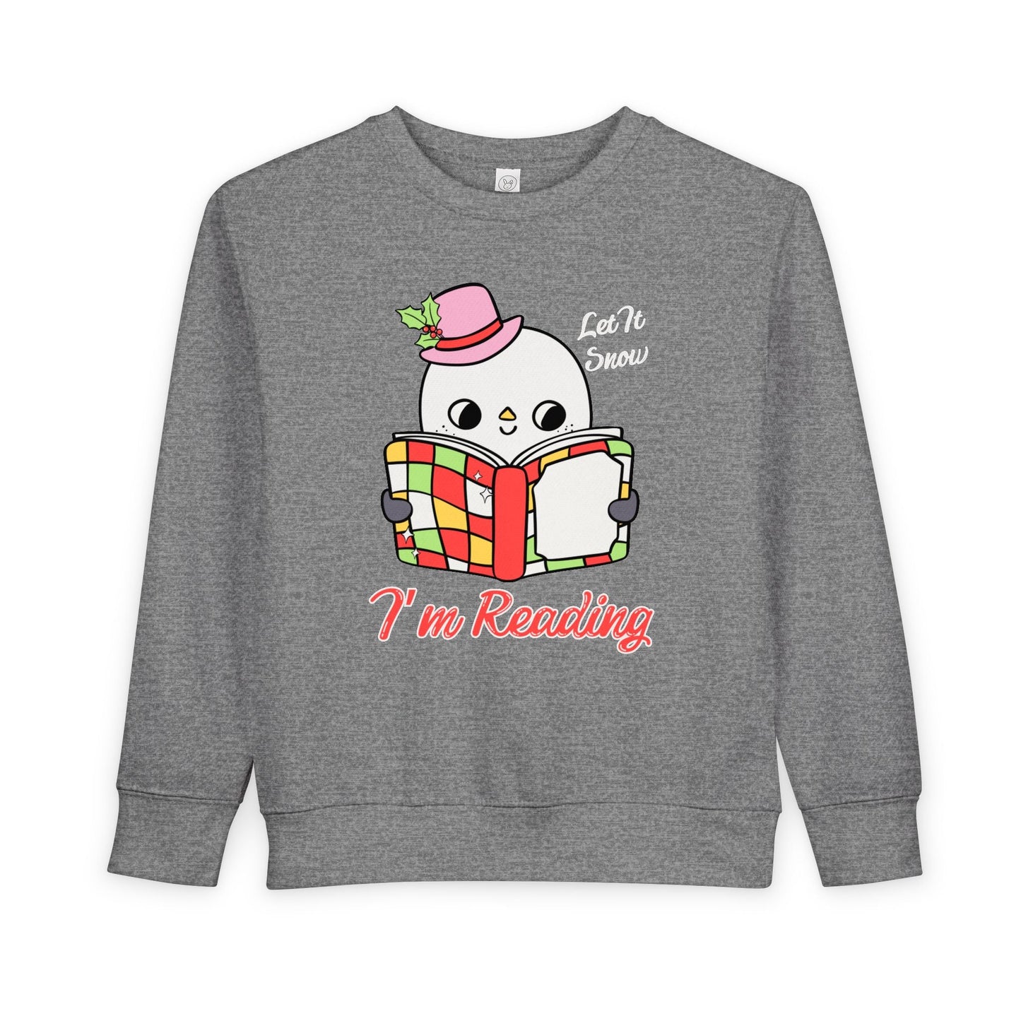 Gray toddler sweatshirt with a snowman reading a book graphic and text on a white background 'Let It Snow, I'm Reading'