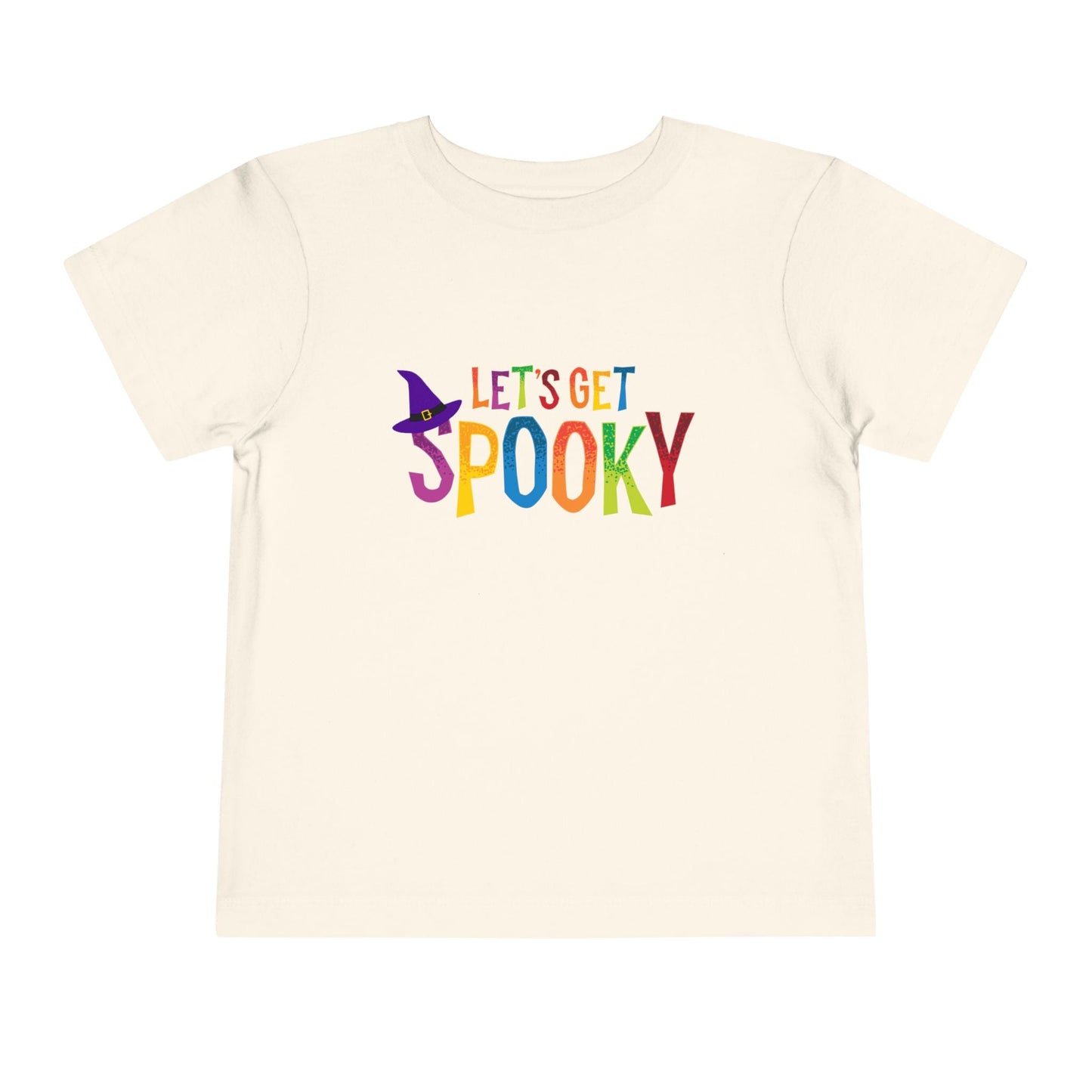 Beige toddler t-shirt with colorful watercolor text 'Let's Get Spooky' and witch hat graphic on the 'S' in Spooky