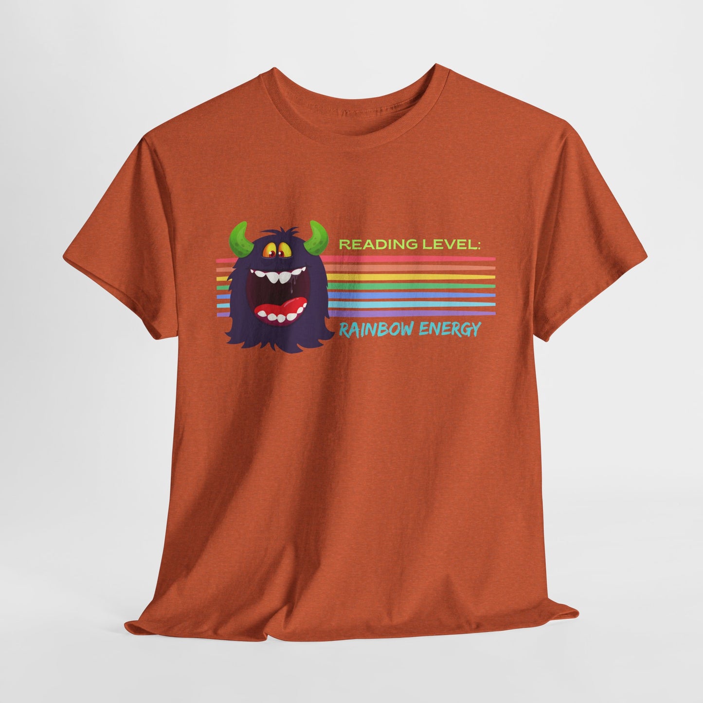 Teen/Adult Unisex “Rainbow Energy” Reading Shirt – Retro Monster Tee for Vibrant Book Lovers