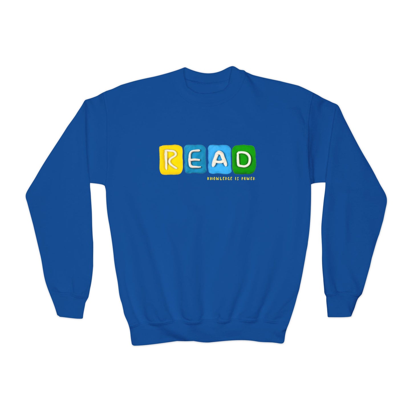 Blue sweatshirt with colorful clay sculpted to spell 'READ'