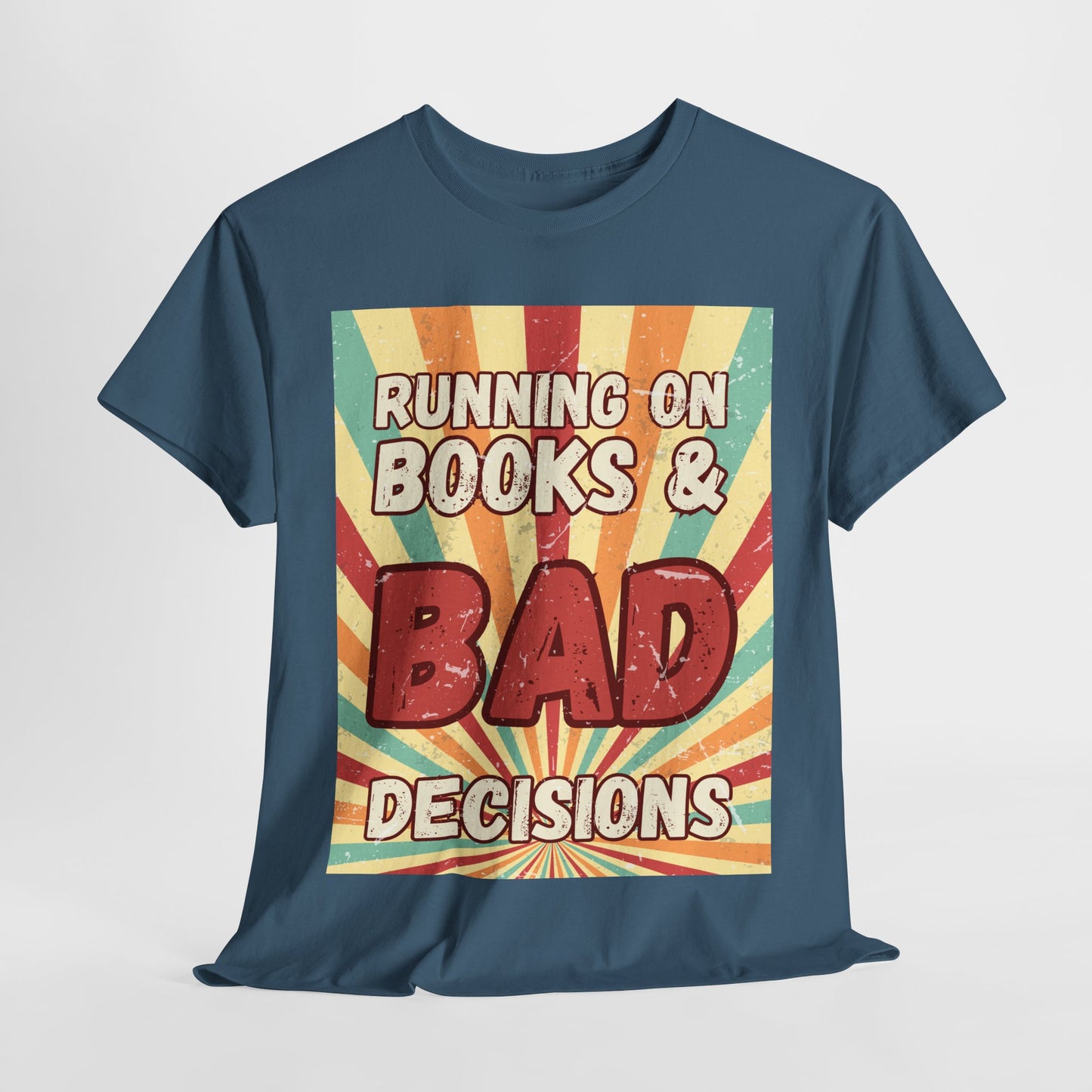 Teen/Adult Unisex Running on Books & Bad Decisions Tee – Funny Retro Reader Shirt for Book Addicts (Large Retro Edition)