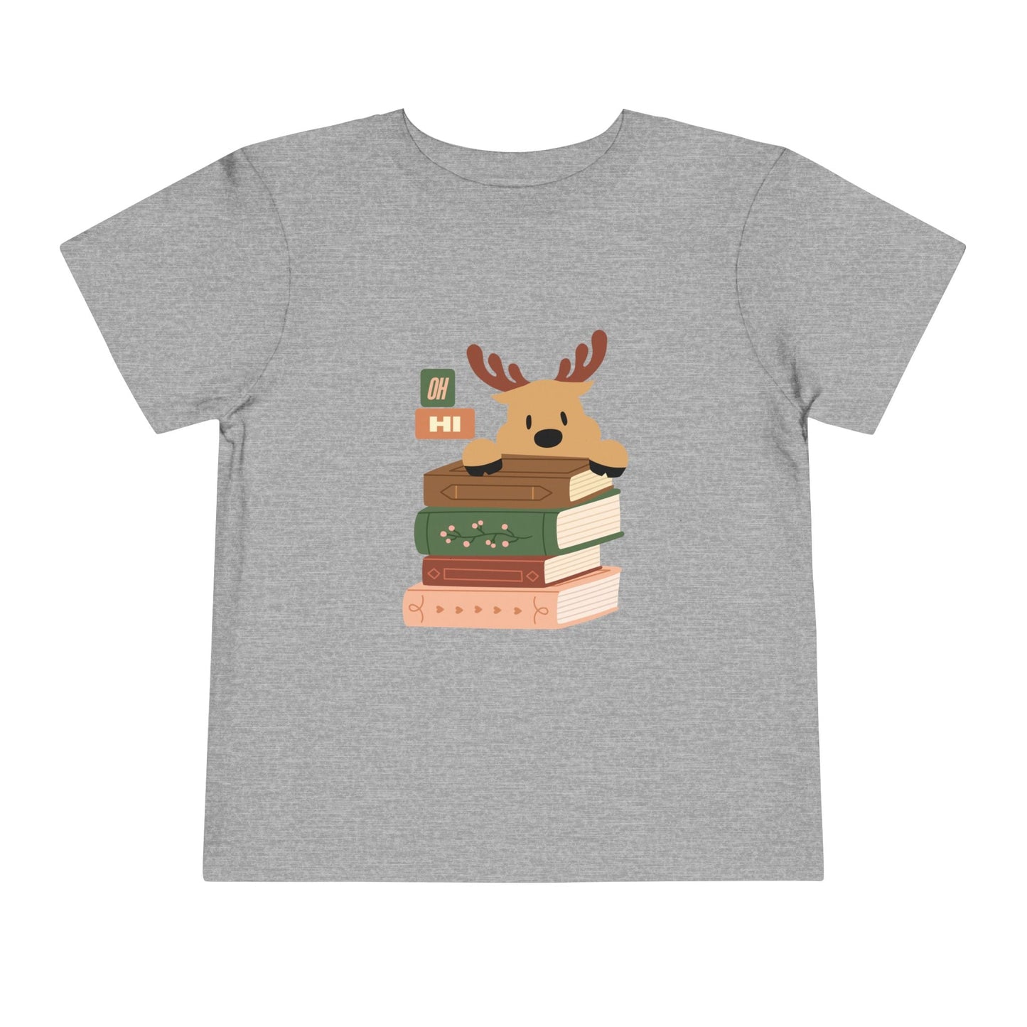 Gray toddler t-shirt with a cartoon reindeer peeking over a stack of books, text 'oh hi', on a white background