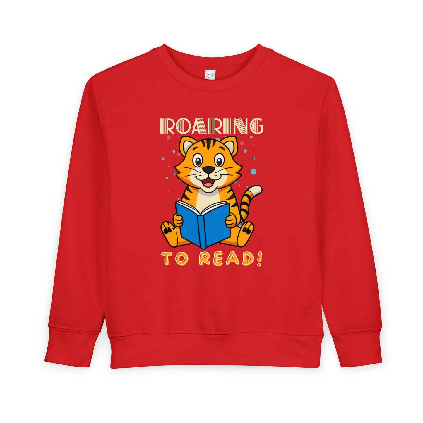 Red toddler sweatshirt with a tiger reading a book graphic and 'Roaring to Read!' text