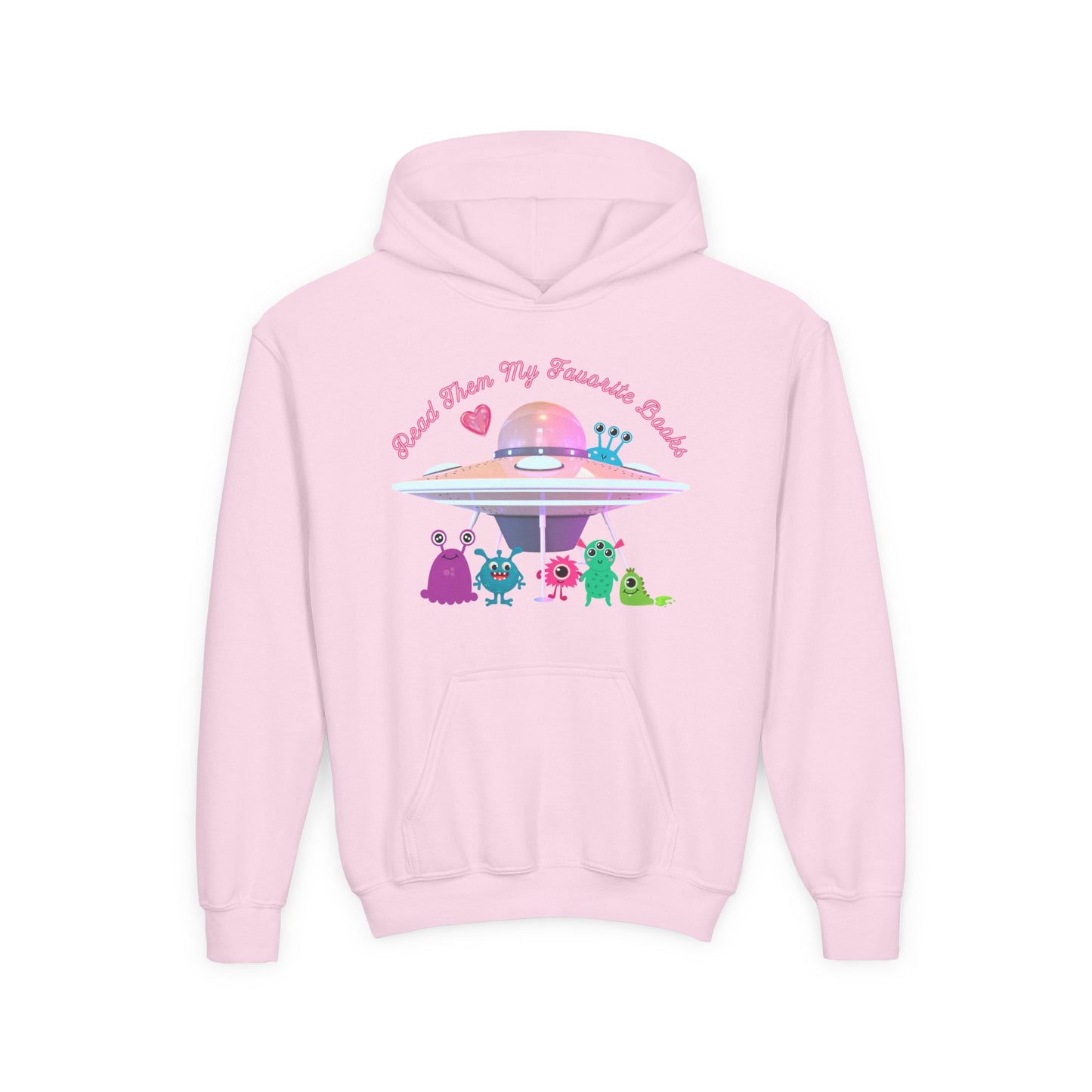 Pink hoodie with a UFO and alien design with text 'Read Them My Favorite Books'