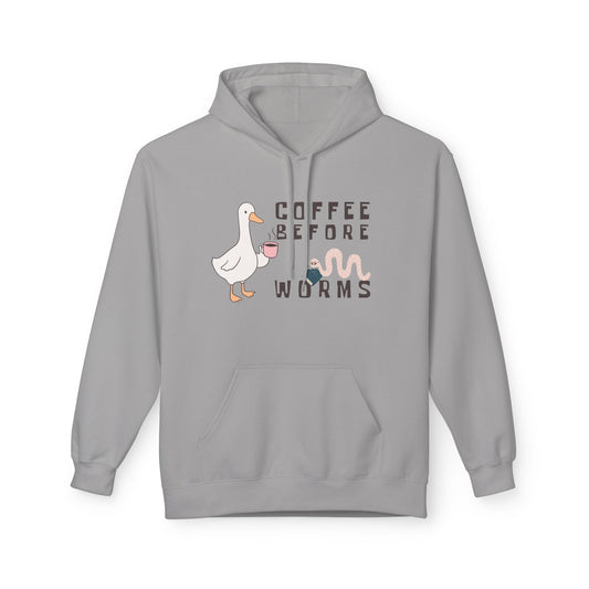 Teen/Adult Unisex Coffee Before Worms Hoodie – Funny Duck & Bookworm Morning Design