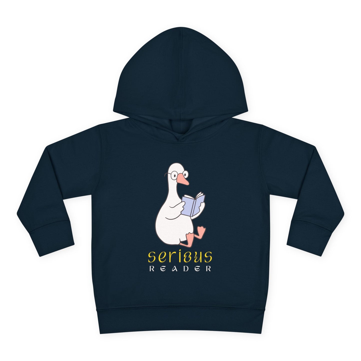 Two playful cartoon ducks — one holding a snack and the other perched on a stack of books — with the words “Came for Snacks • Stayed for the Books” above — printed on a toddler hoodie.