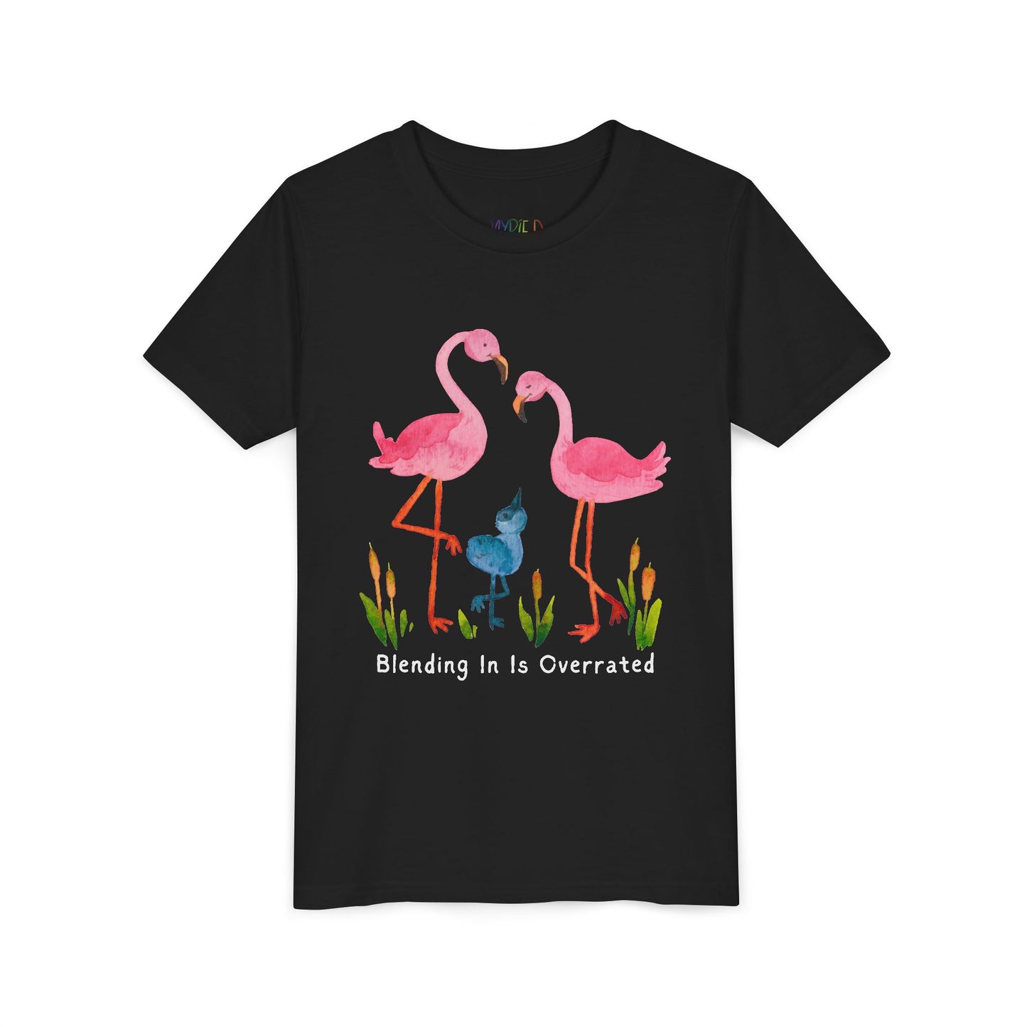 Black t-shirt with a flamingo family and text 'Blending In Is Overrated'