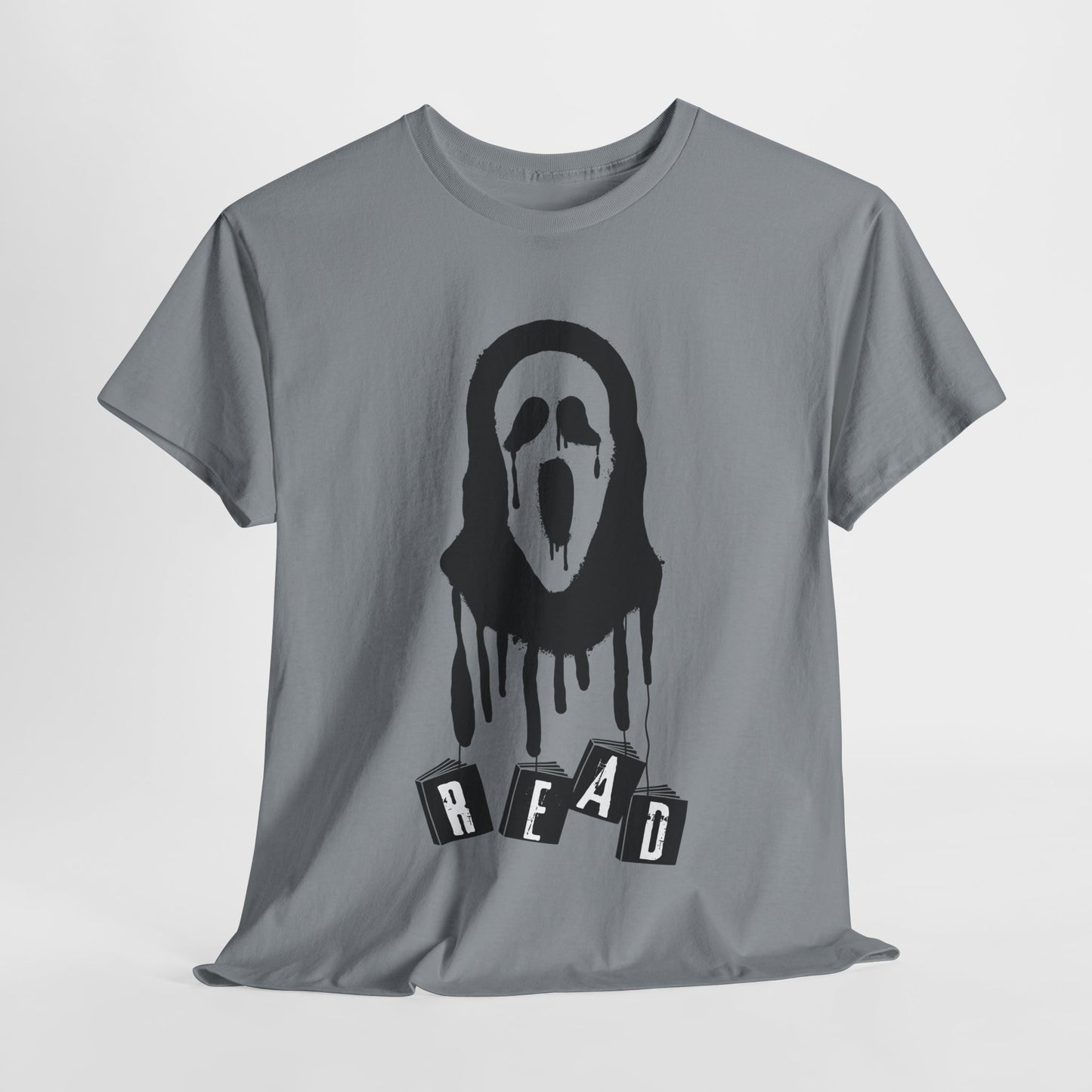 Teen/Adult Unisex Horror Mask READ T-Shirt – Creepy Book Lover Graphic Tee