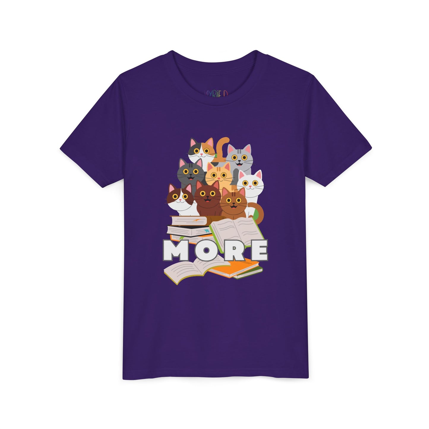 Purple t-shirt with cartoon cats, messy pile of books and 'more' text