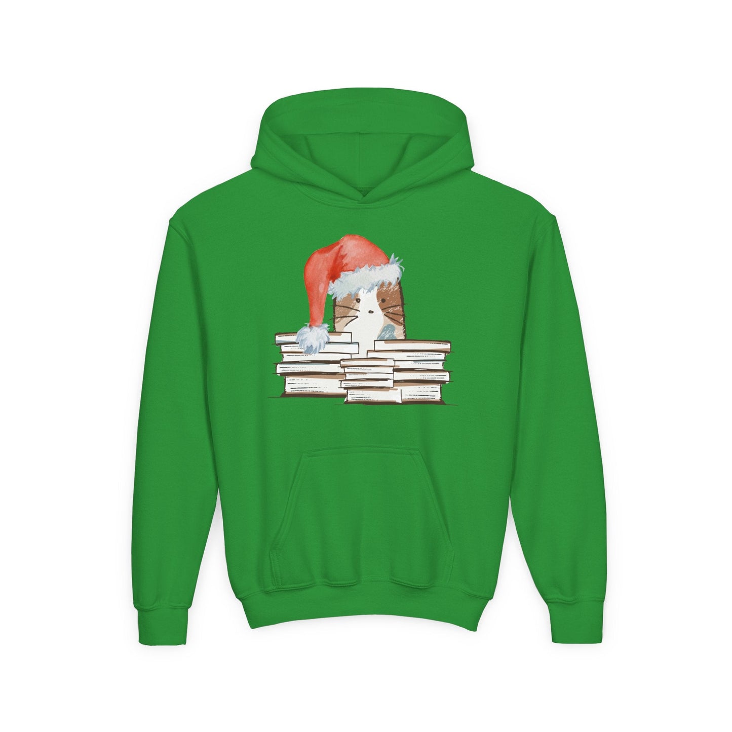 Youth Santa Cat & Books Hoodie – Cozy Holiday Reading Design Printify