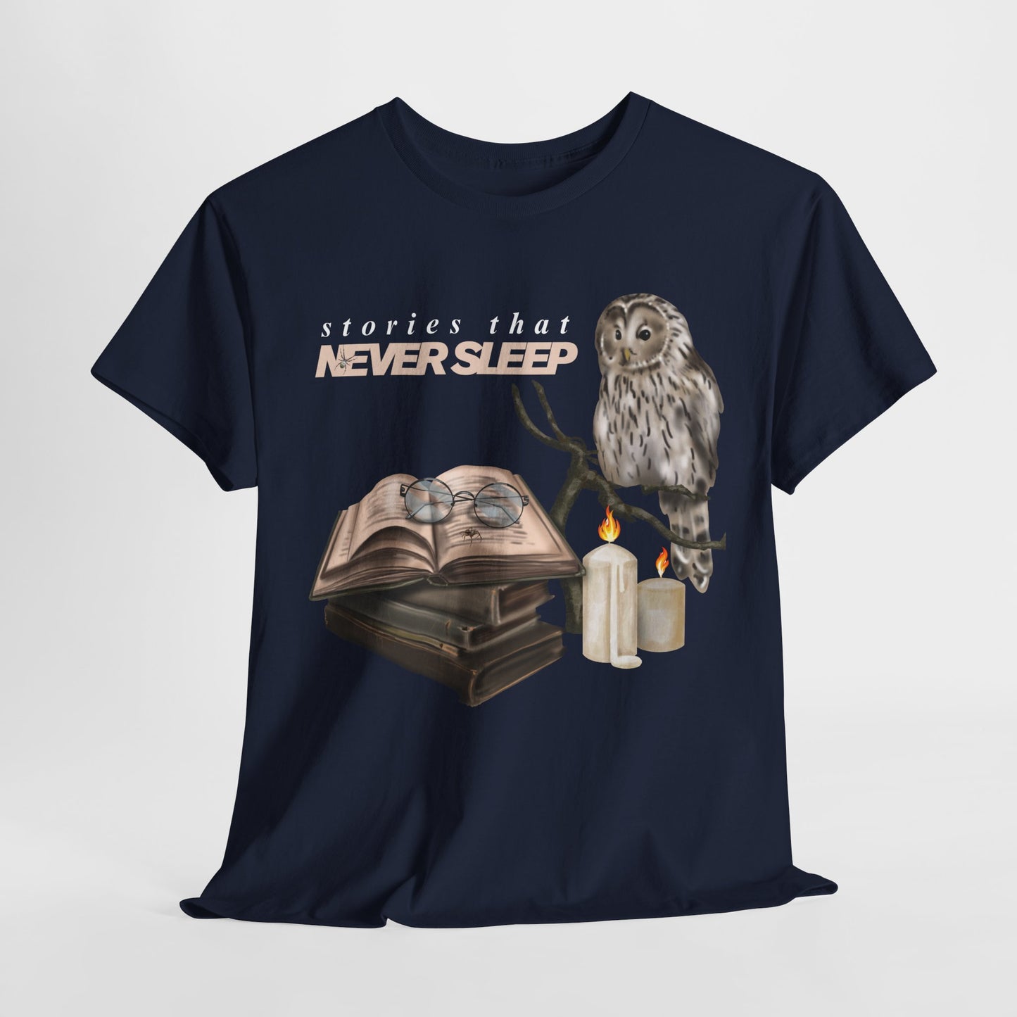 Teen/Adult Unisex "Stories That Never Sleep" Owl & Candlelight Book T-Shirt – Cozy Night Reader Tee